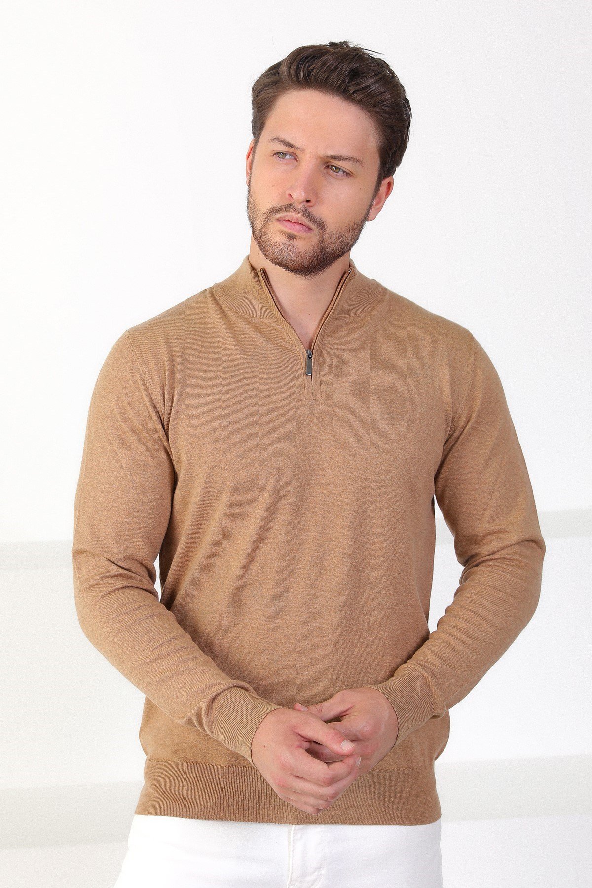 Ferraro Camel Dik Yaka Düz Renk Pamuk Erkek Kazak