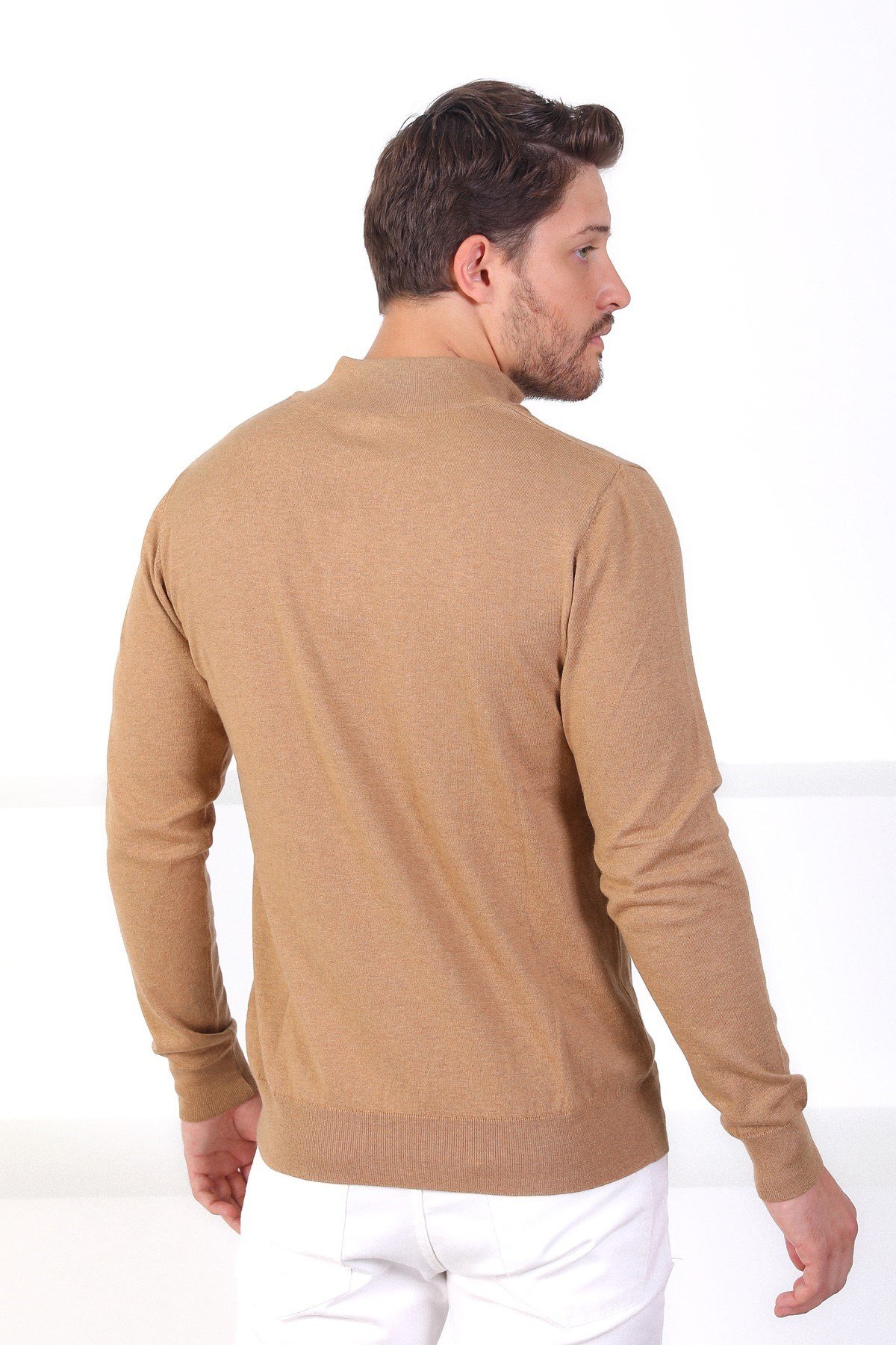 Ferraro Camel Dik Yaka Düz Renk Pamuk Erkek Kazak