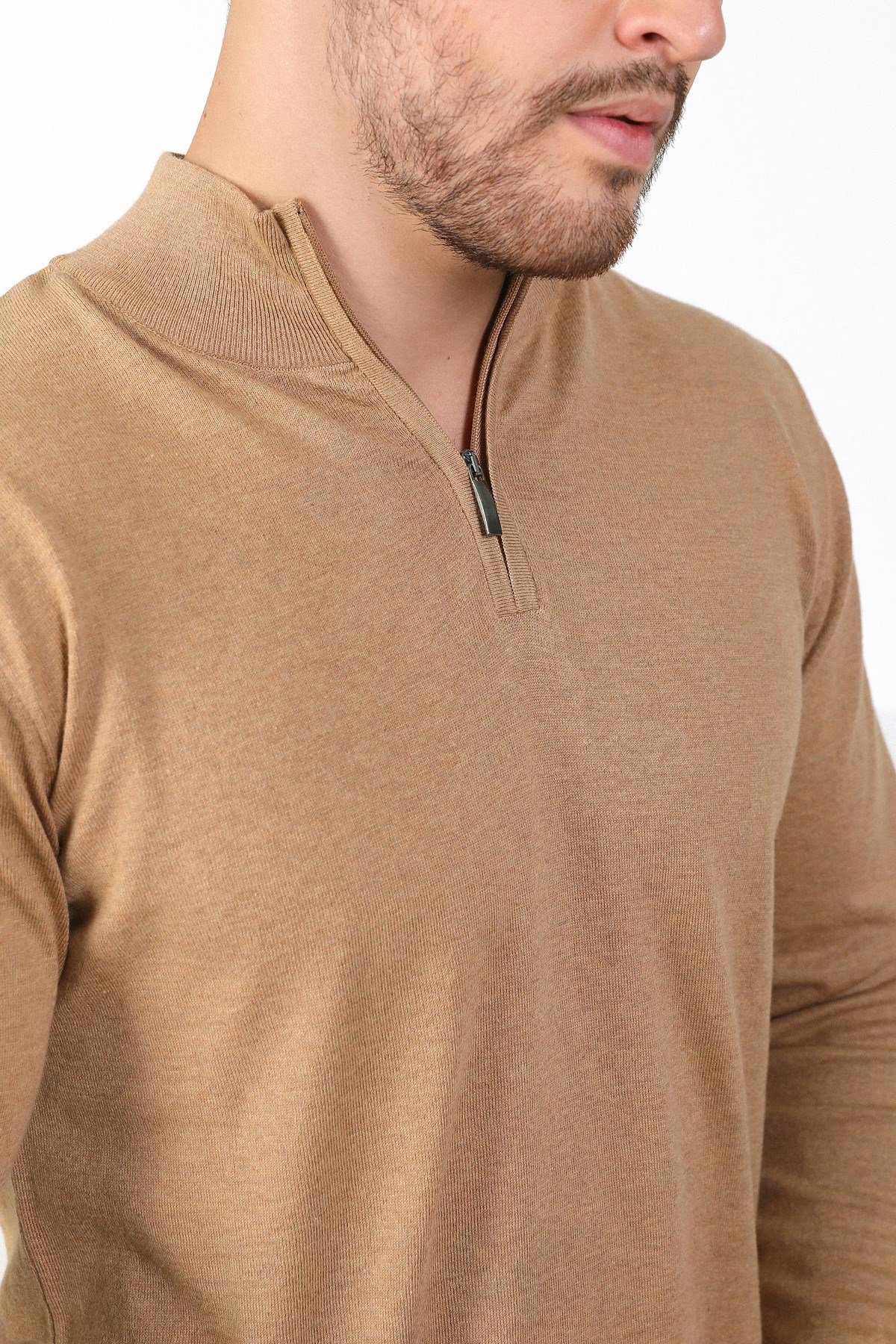 Ferraro Camel Dik Yaka Düz Renk Pamuk Erkek Kazak