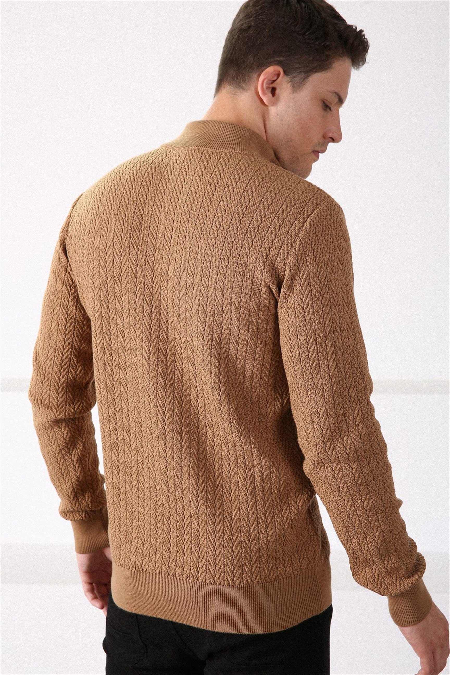 Ferraro Camel Dik Yaka Fermuarlı Erkek Pamuk Kazak