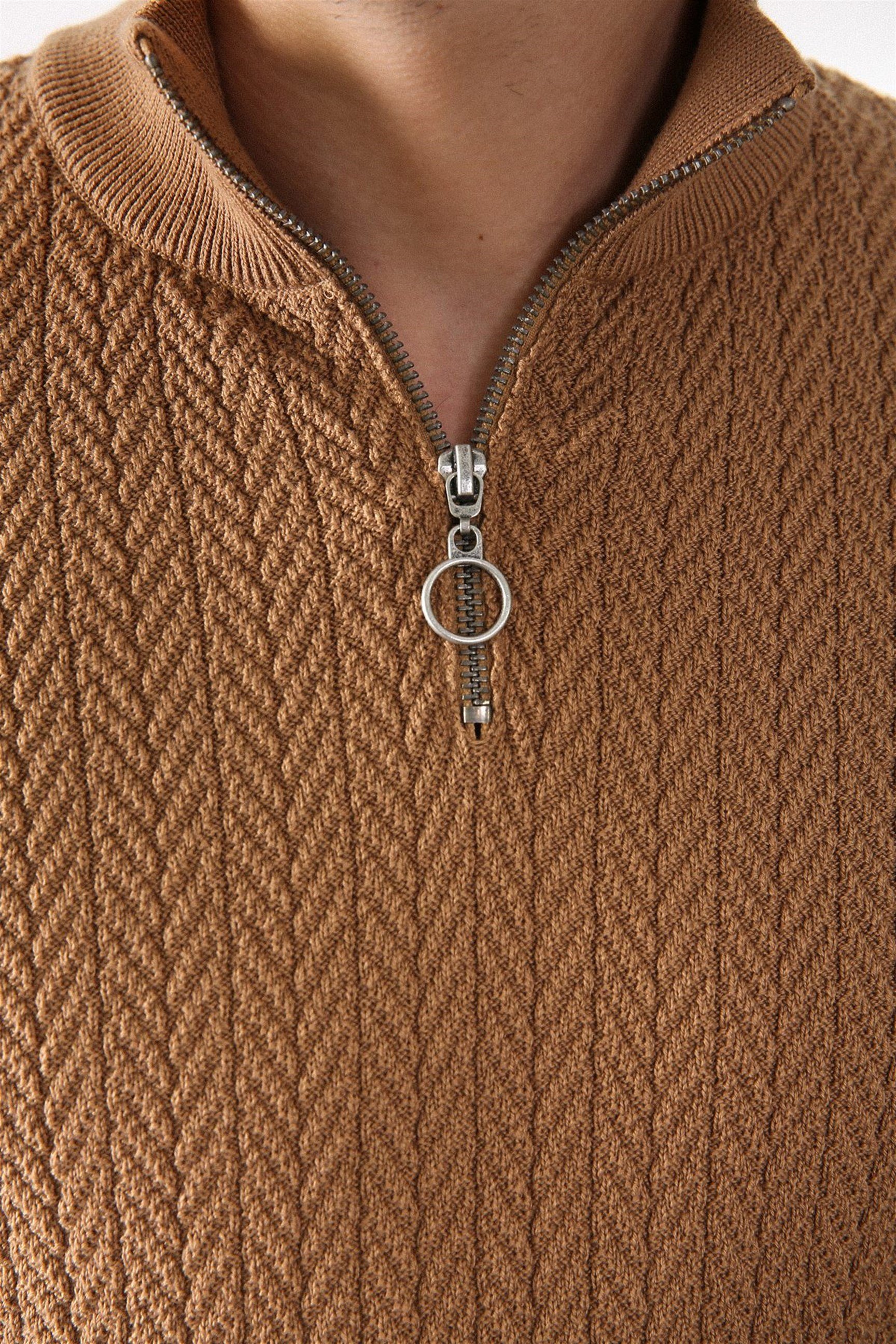 Ferraro Camel Dik Yaka Fermuarlı Erkek Pamuk Kazak