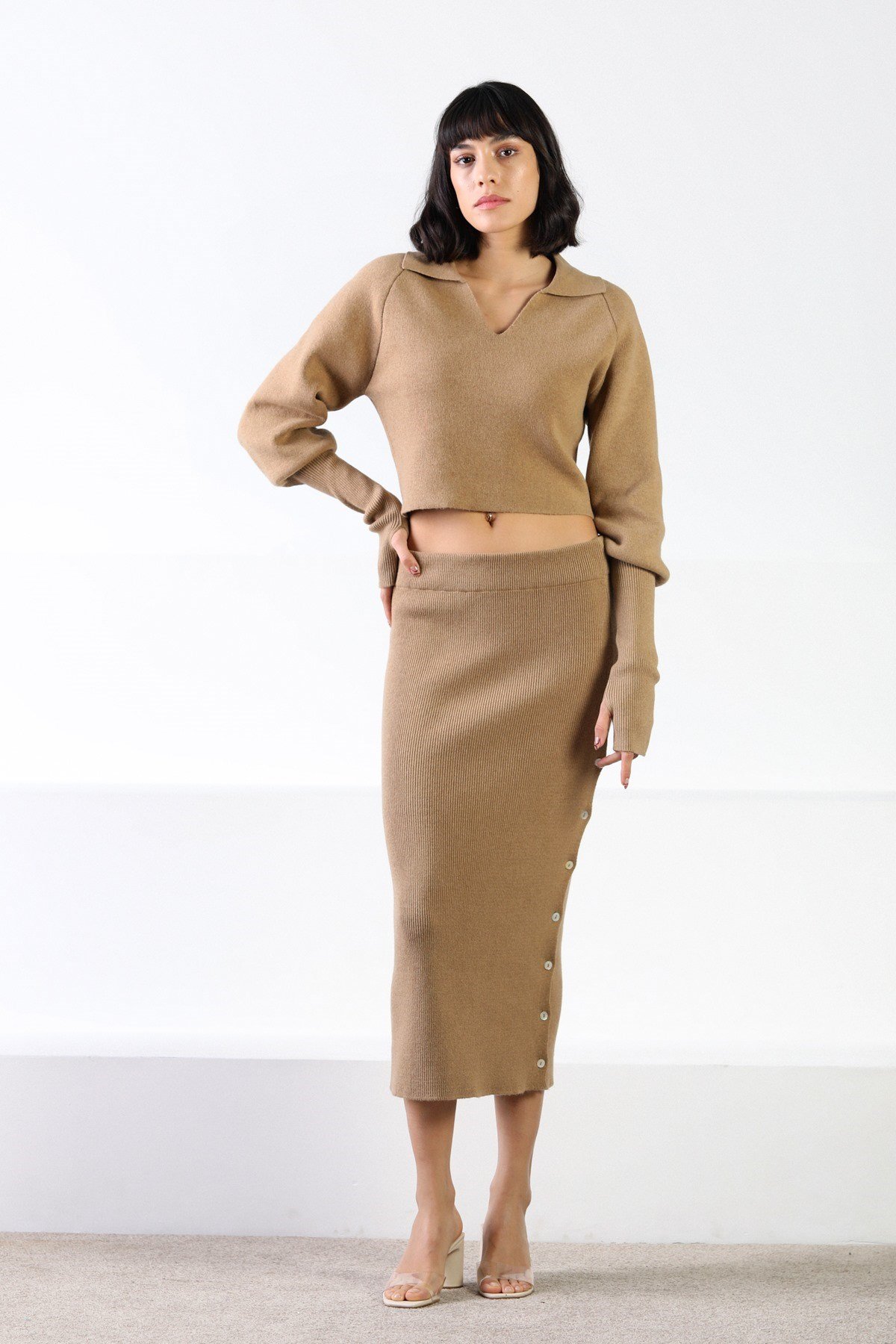Ferraro Camel Düğmeli Kaşmirli Kadın Triko Etek