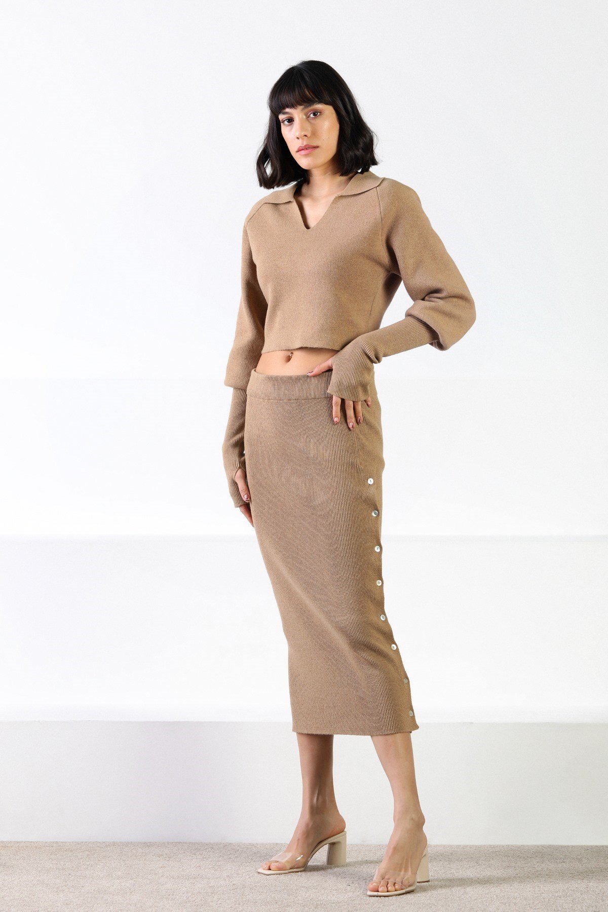 Ferraro Camel Düğmeli Kaşmirli Kadın Triko Etek