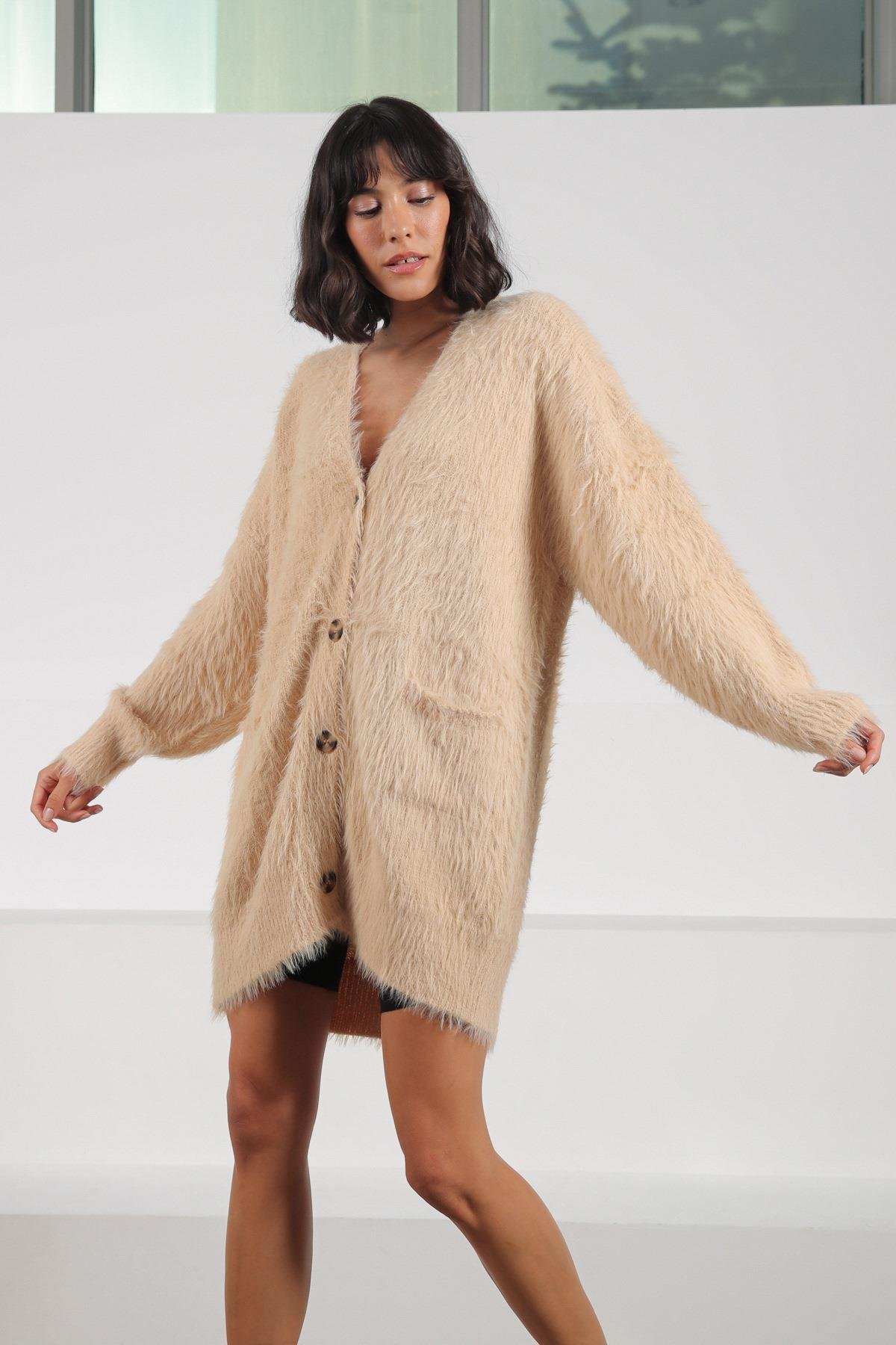 Ferraro Camel Düğmeli Yünlü Kadın Triko Hırka