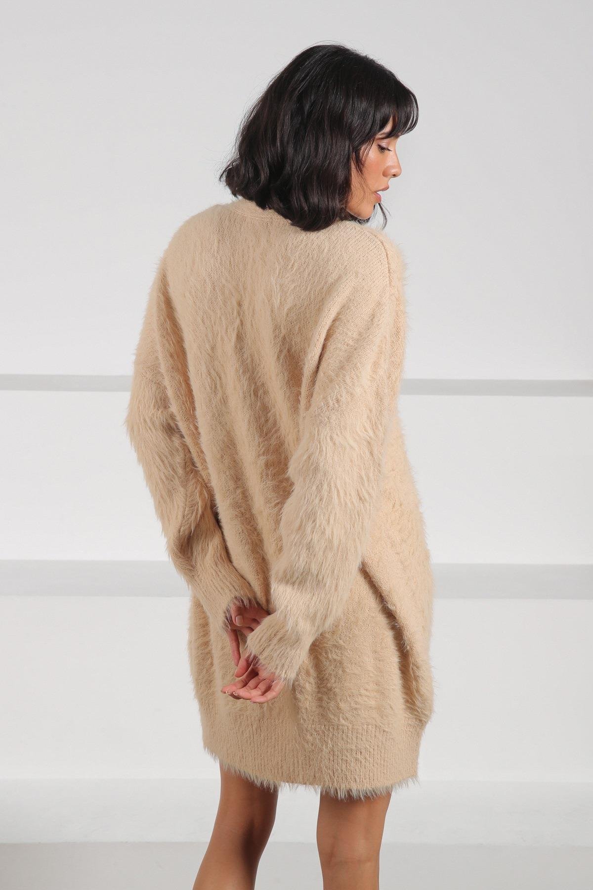 Ferraro Camel Düğmeli Yünlü Kadın Triko Hırka