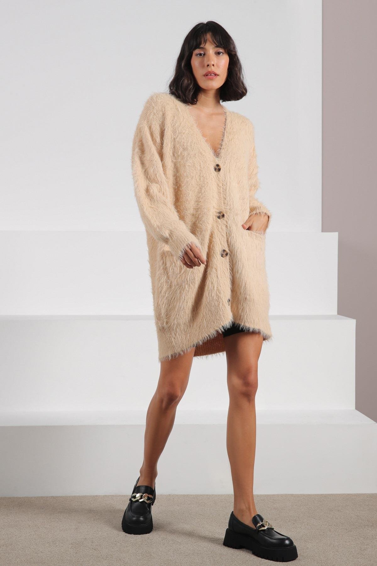 Ferraro Camel Düğmeli Yünlü Kadın Triko Hırka