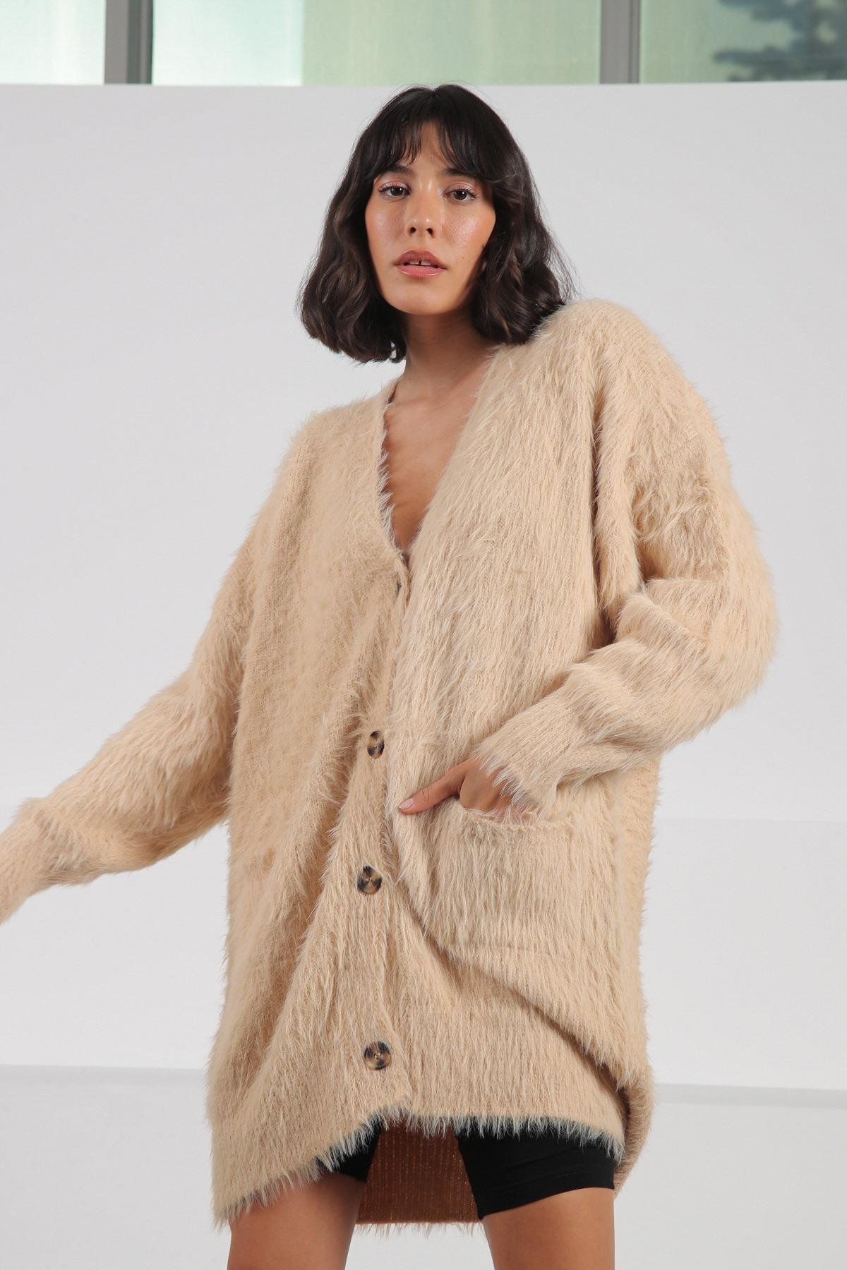 Ferraro Camel Düğmeli Yünlü Kadın Triko Hırka