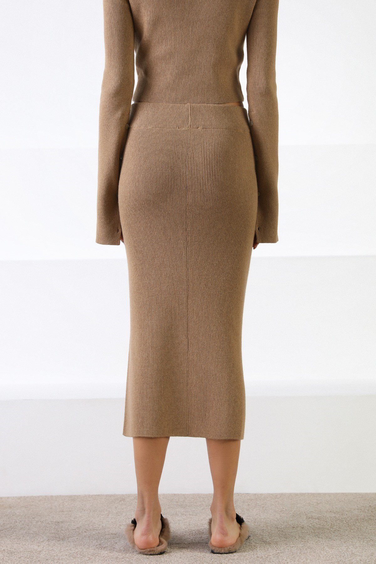 Ferraro Camel Fitilli Kaşmirli Kadın Triko Etek