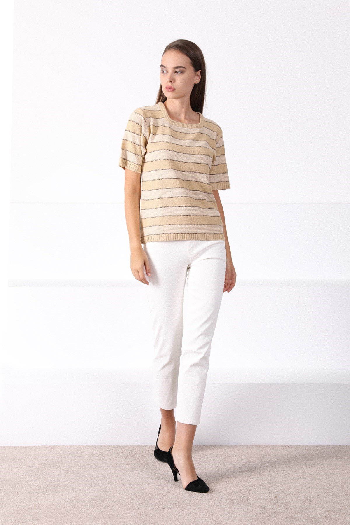 Ferraro Camel Kare Yaka Çizgili Kadın Triko Kazak