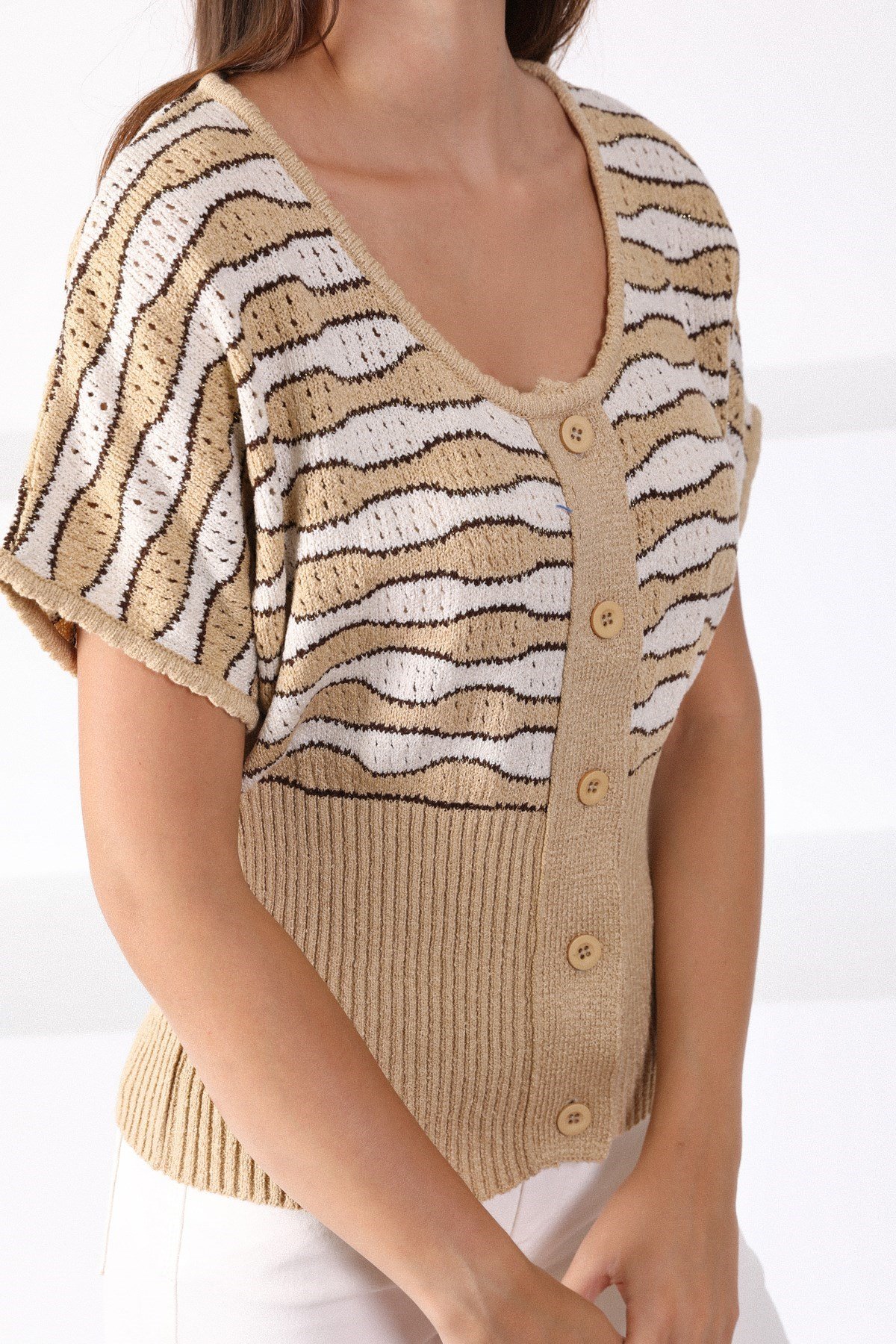 Ferraro Camel Kare Yaka Desenli Kadın Triko Kazak