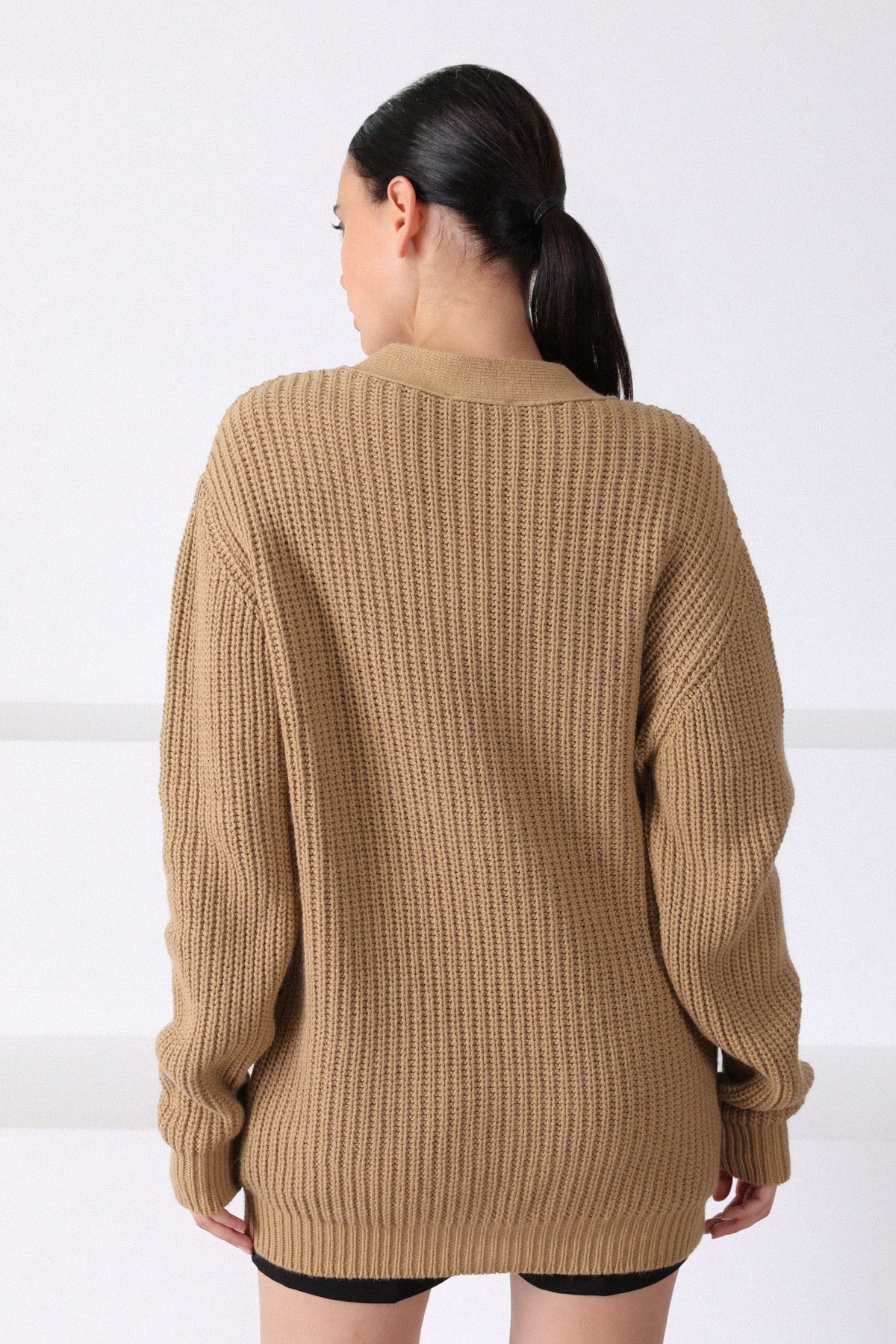 Ferraro Camel Kuzu Yünü Oversize Kadın Triko Hırka