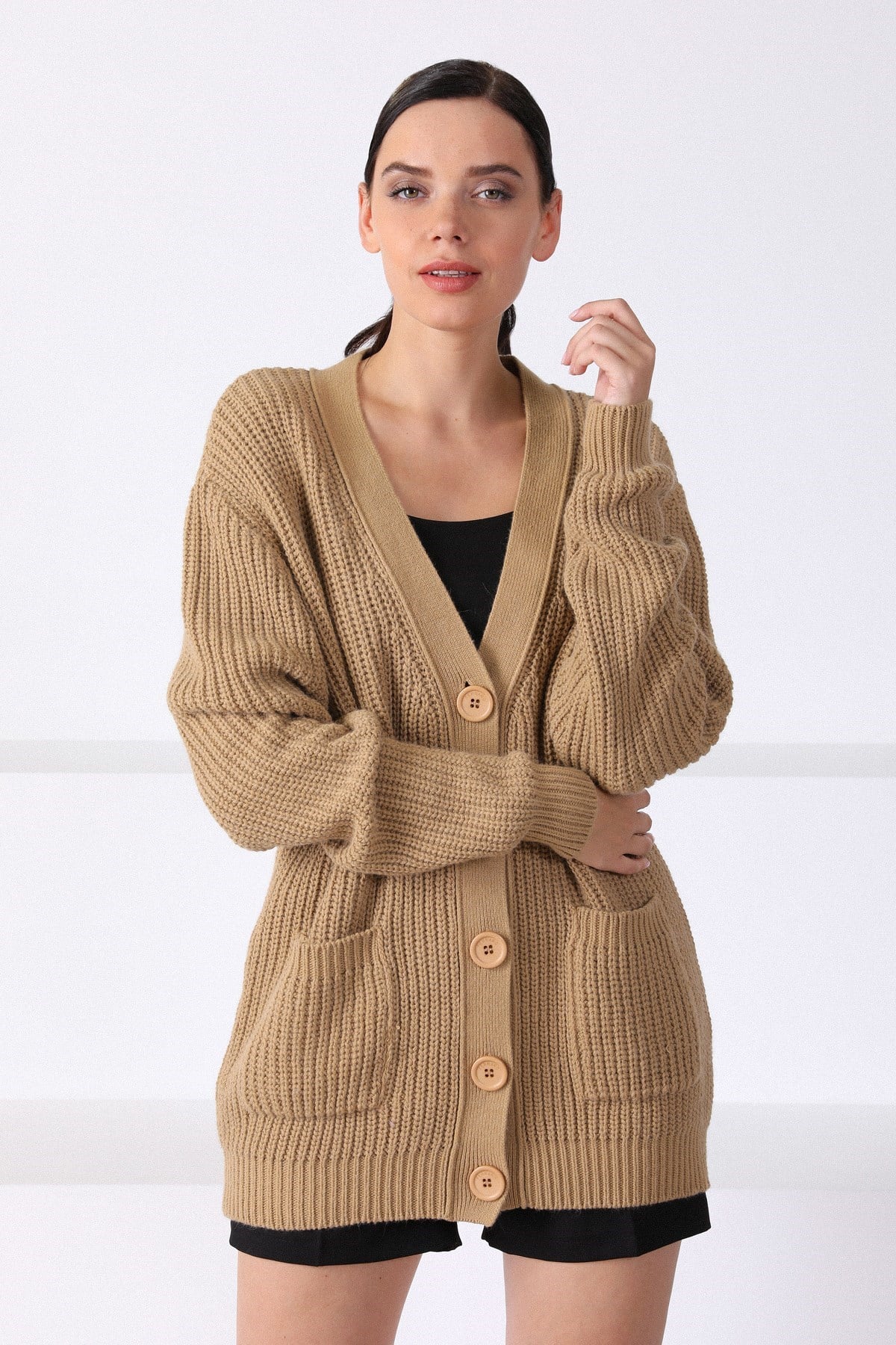 Ferraro Camel Kuzu Yünü Oversize Kadın Triko Hırka
