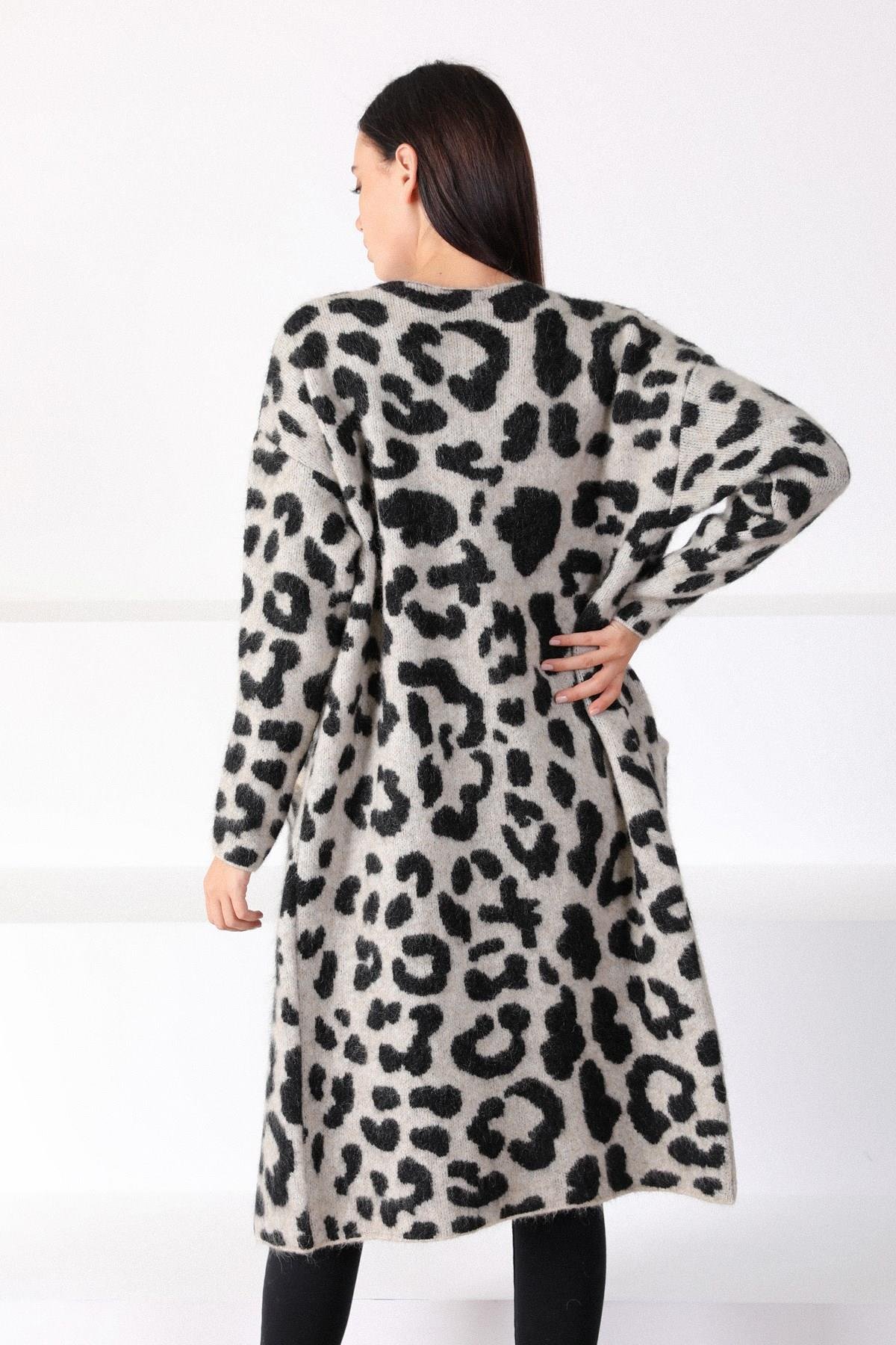 Ferraro Camel Leopar Desenli Yün Karışımlı Kadın Triko Hırka