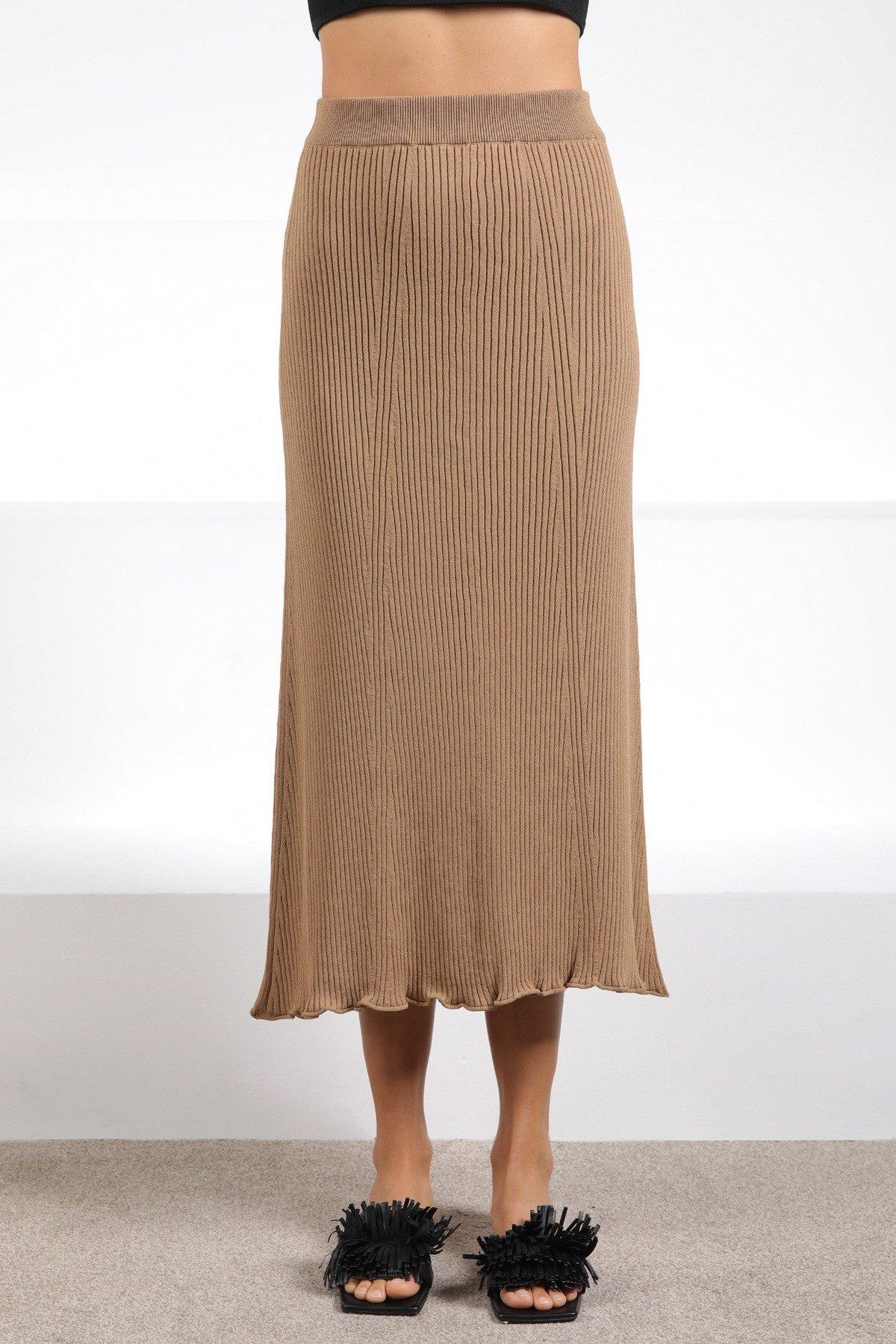 Ferraro Camel Midi Boy Kadın Triko Etek