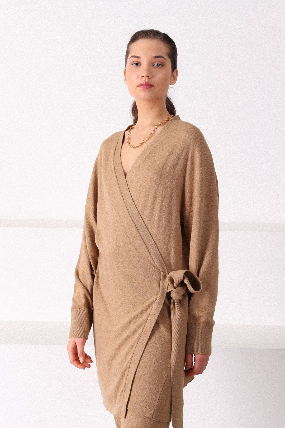 Ferraro Camel Paçası Lastikli Kaşmirli Kadın Triko Pantolon