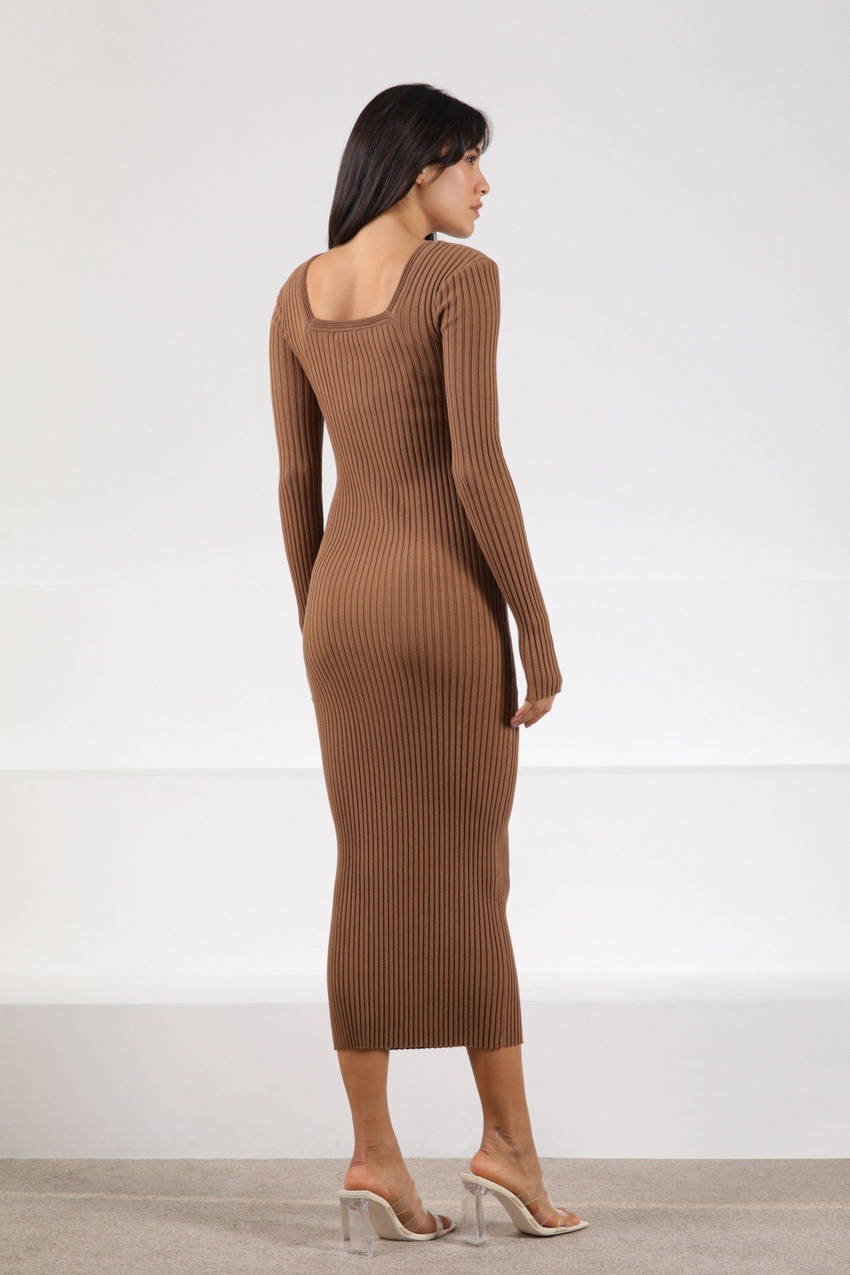 Ferraro Camel Pencere Yaka Kadın Triko Elbise