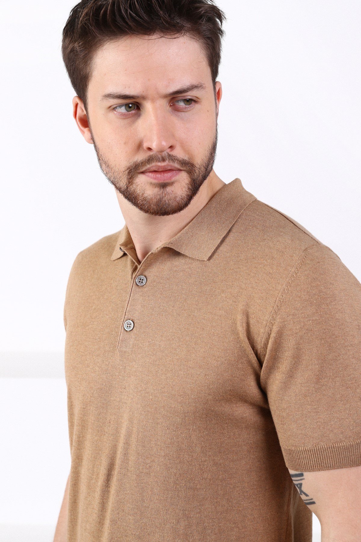 Ferraro Camel Polo Yaka Düz Renk Erkek Pamuk Triko T-Shirt