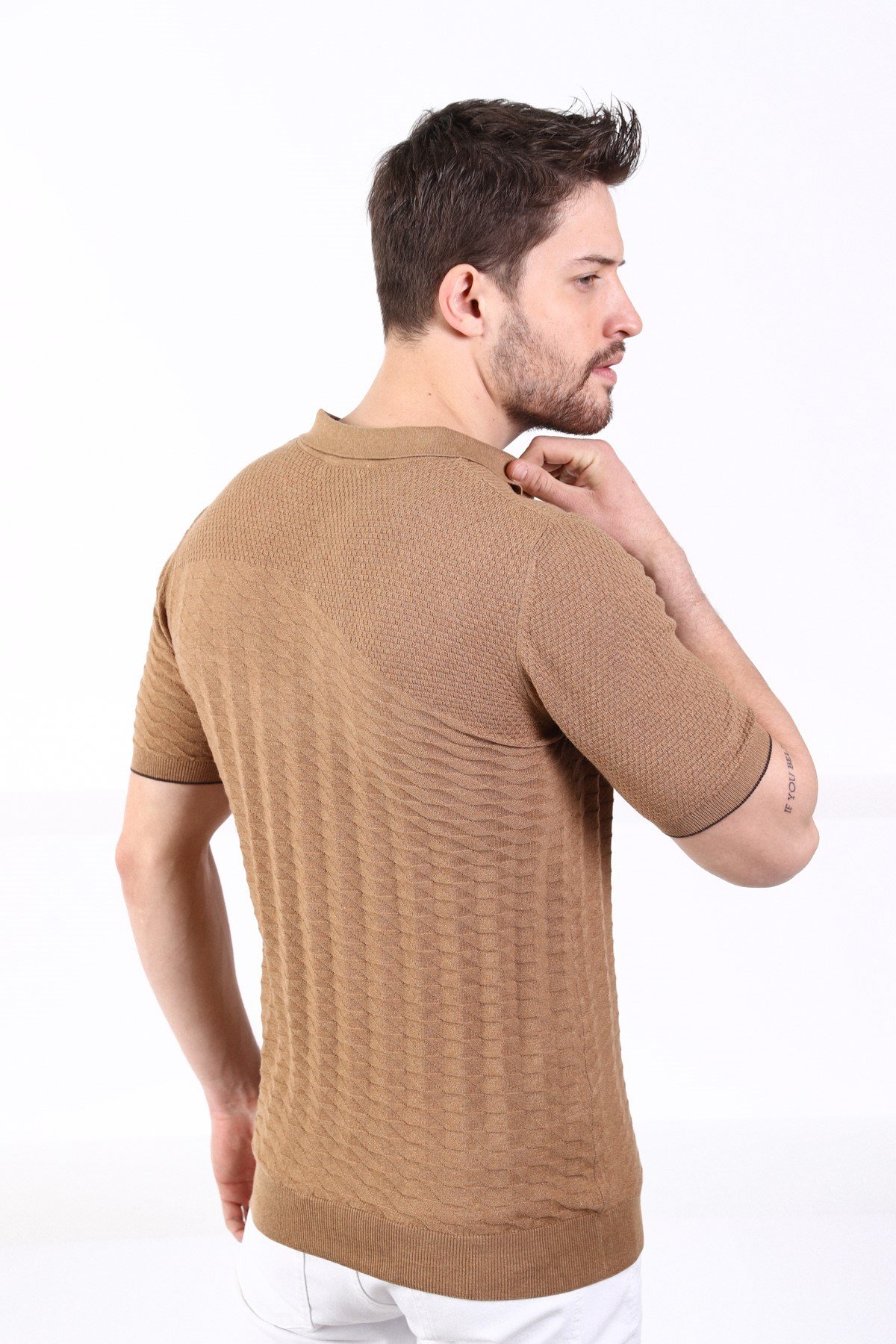 Ferraro Camel Polo Yaka Fermuarlı Erkek Pamuk Triko T-Shirt