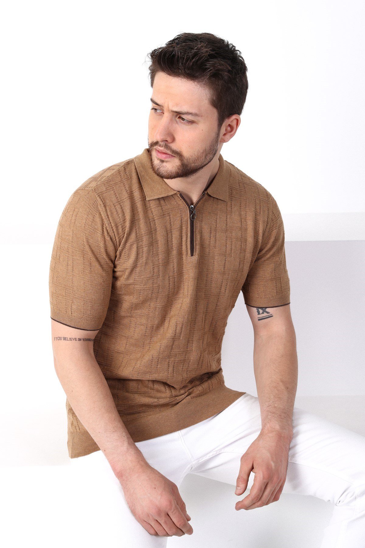 Ferraro Camel Polo Yaka Fermuarlı Erkek Pamuk Triko T-Shirt