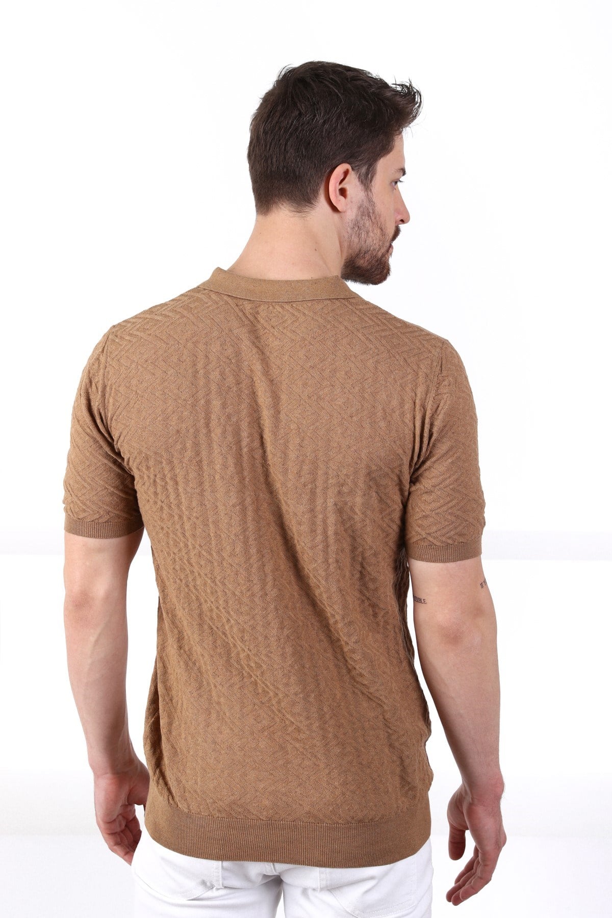 Ferraro Camel Polo Yaka Fermuarlı Erkek Pamuk Triko T-Shirt