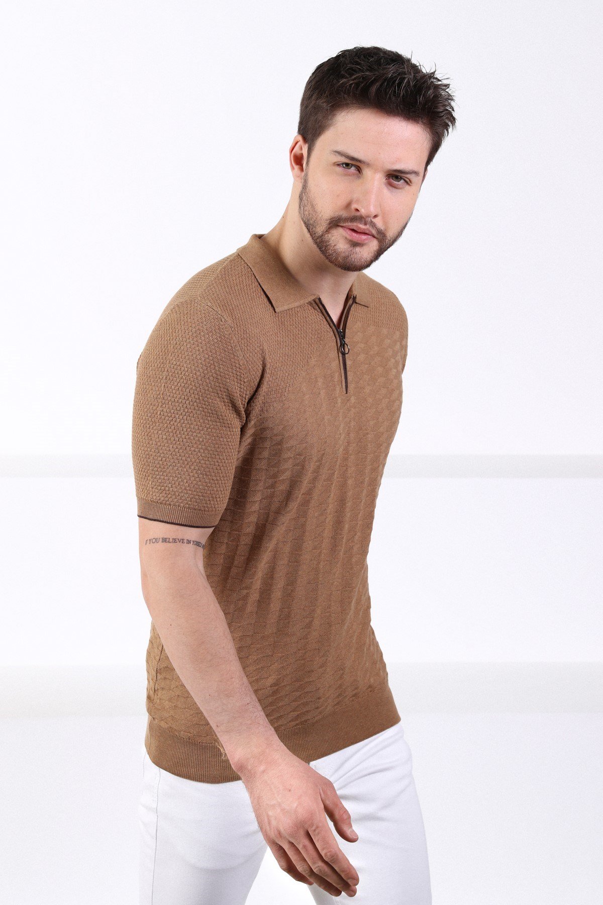 Ferraro Camel Polo Yaka Fermuarlı Erkek Pamuk Triko T-Shirt