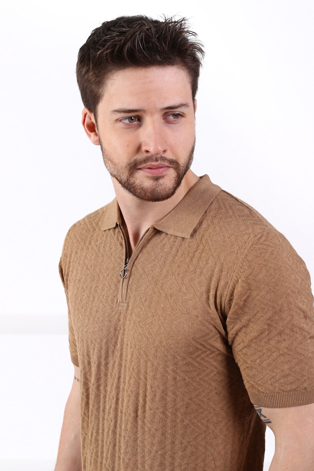 Ferraro Camel Polo Yaka Fermuarlı Erkek Pamuk Triko T-Shirt