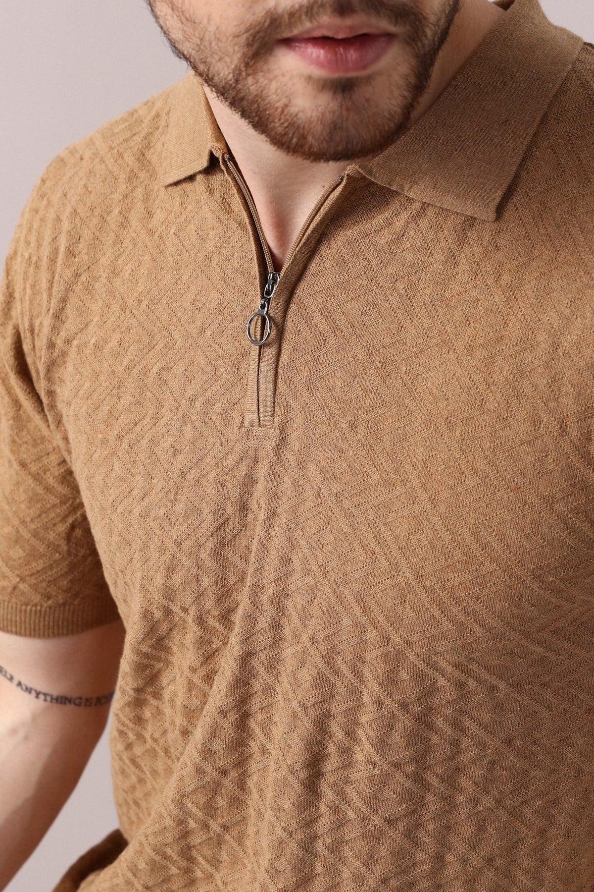 Ferraro Camel Polo Yaka Fermuarlı Erkek Pamuk Triko T-Shirt