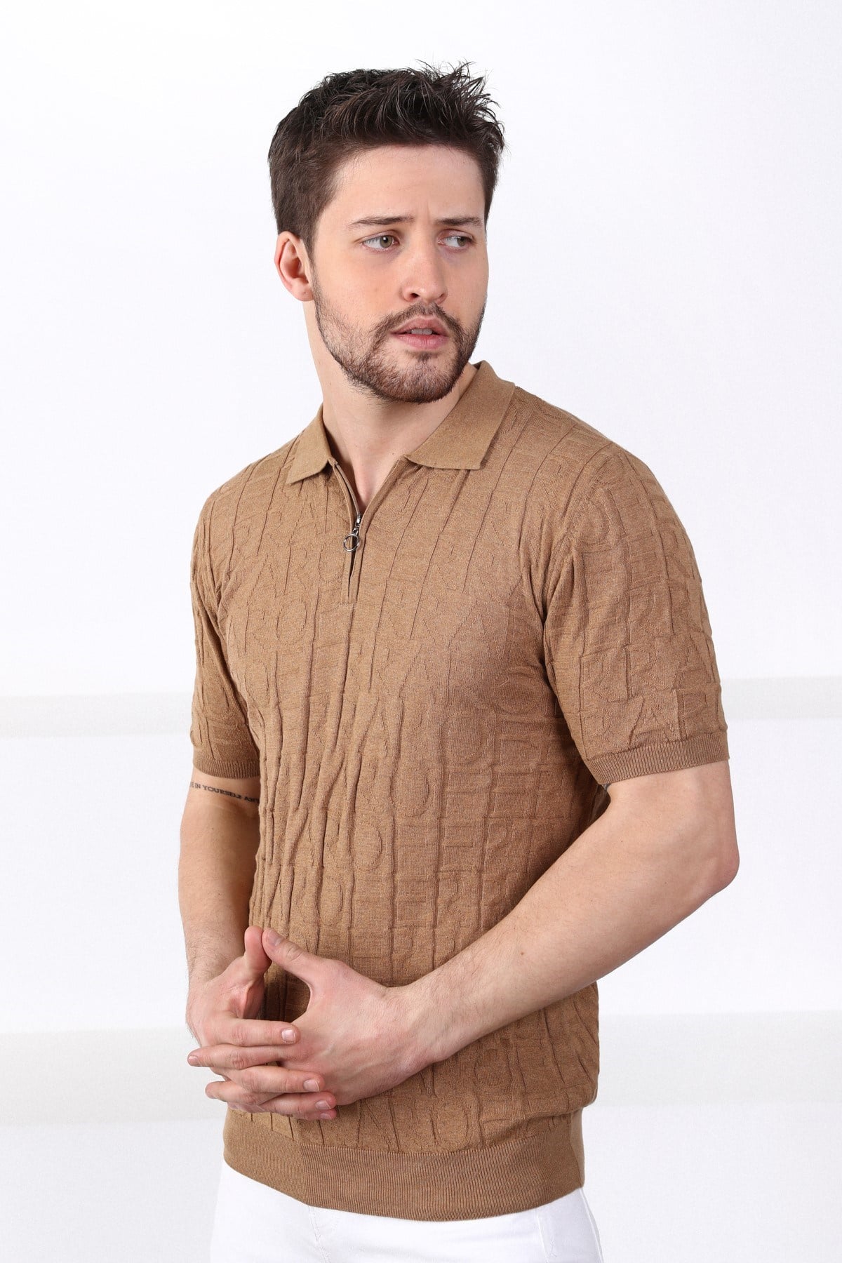 Ferraro Camel Polo Yaka Fermuarlı Erkek Pamuk Triko T-Shirt