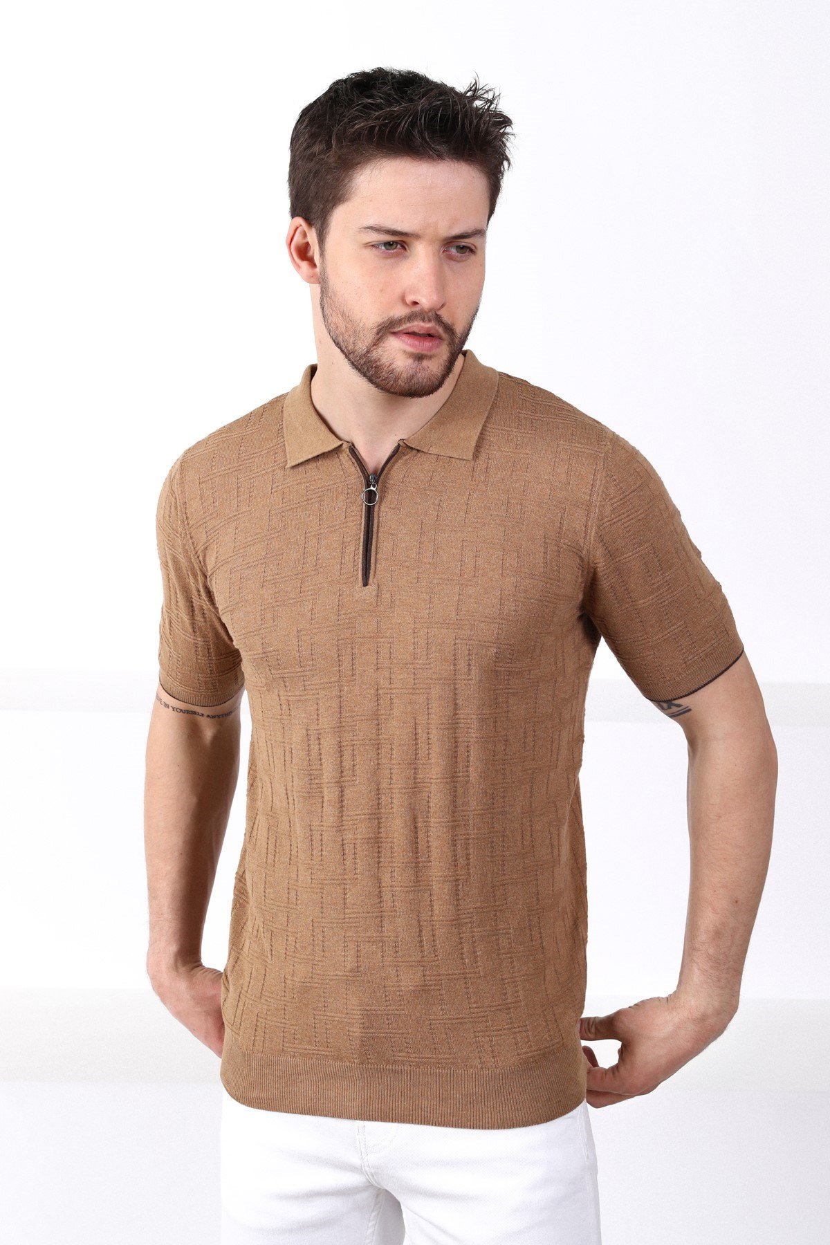 Ferraro Camel Polo Yaka Fermuarlı Erkek Pamuk Triko T-Shirt
