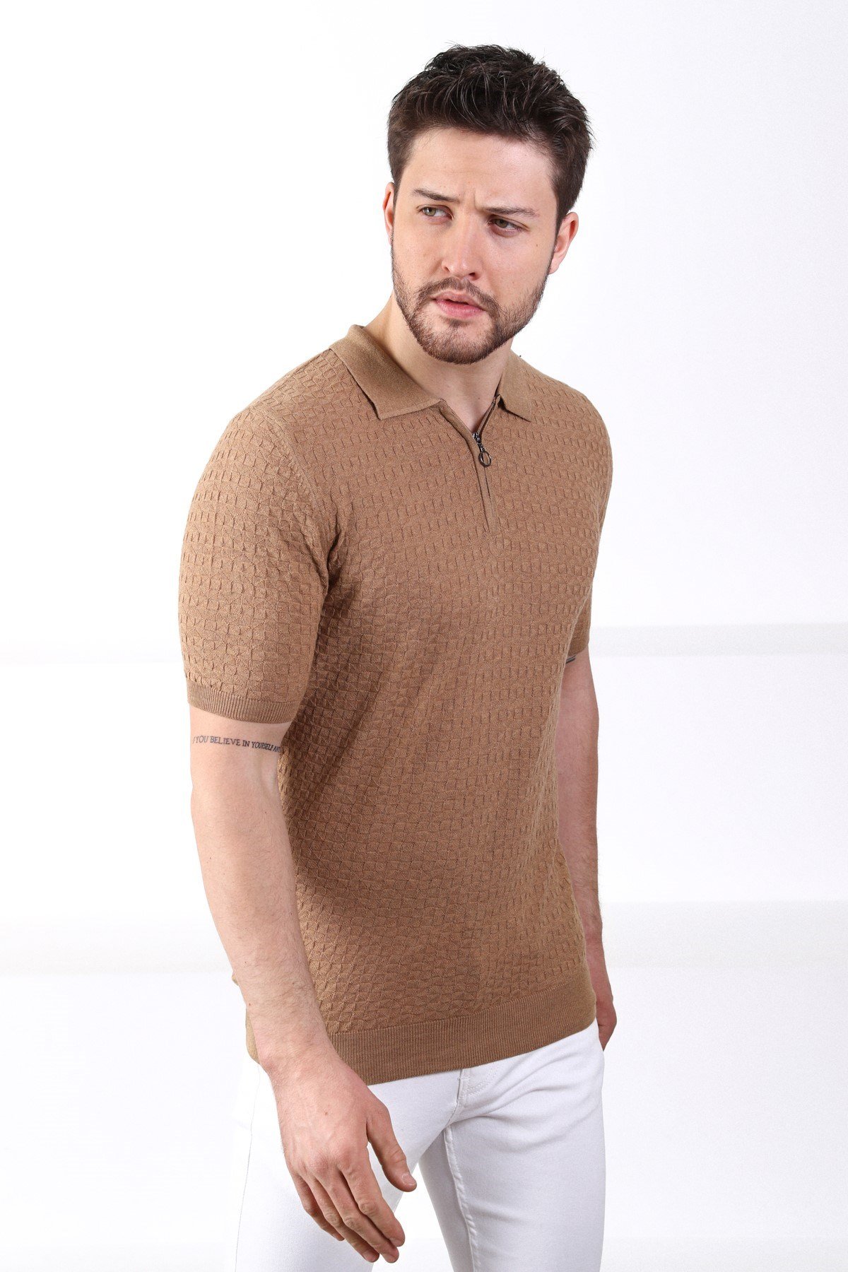 Ferraro Camel Polo Yaka Fermuarlı Erkek Pamuk Triko T-Shirt