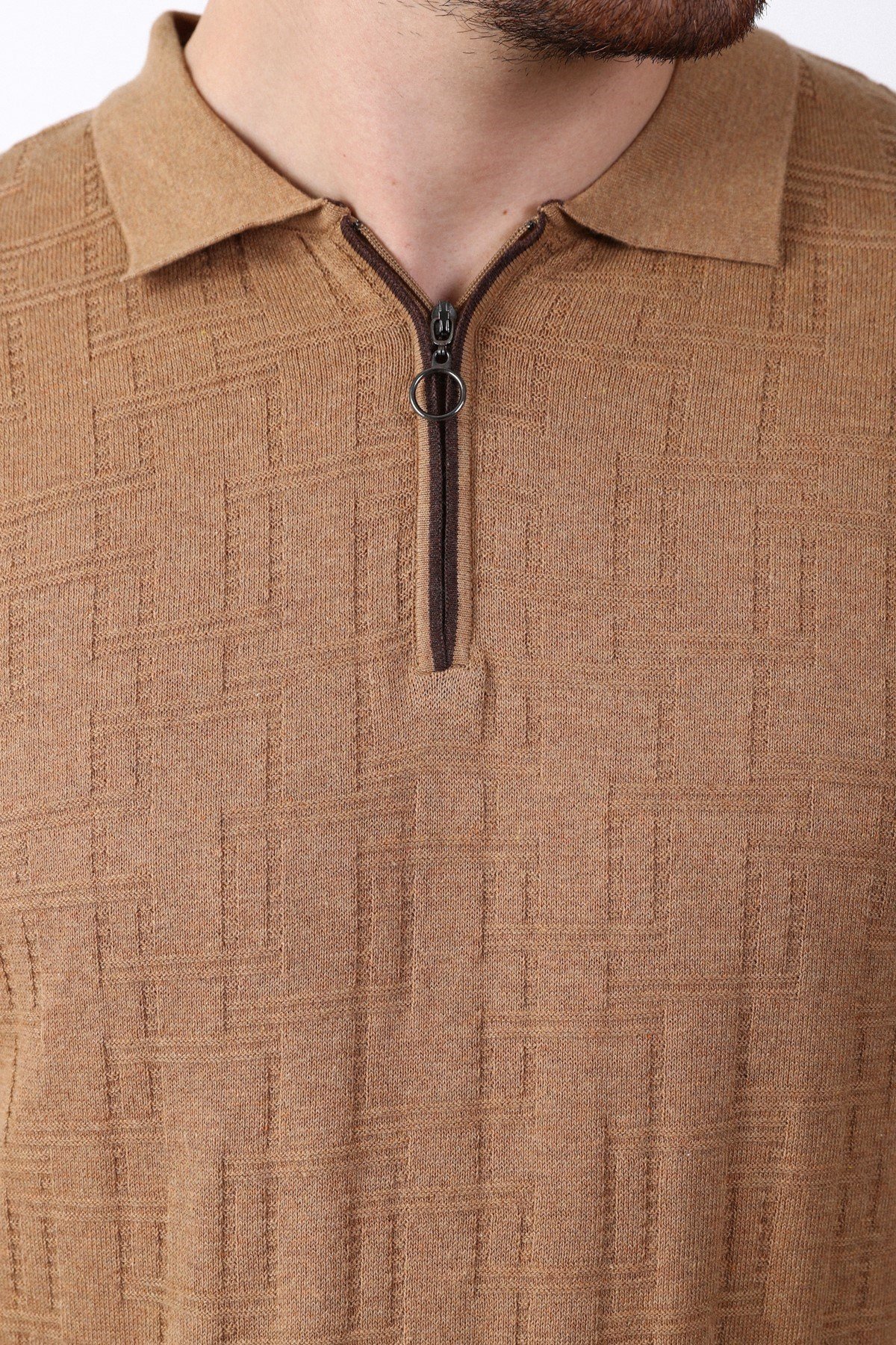 Ferraro Camel Polo Yaka Fermuarlı Erkek Pamuk Triko T-Shirt