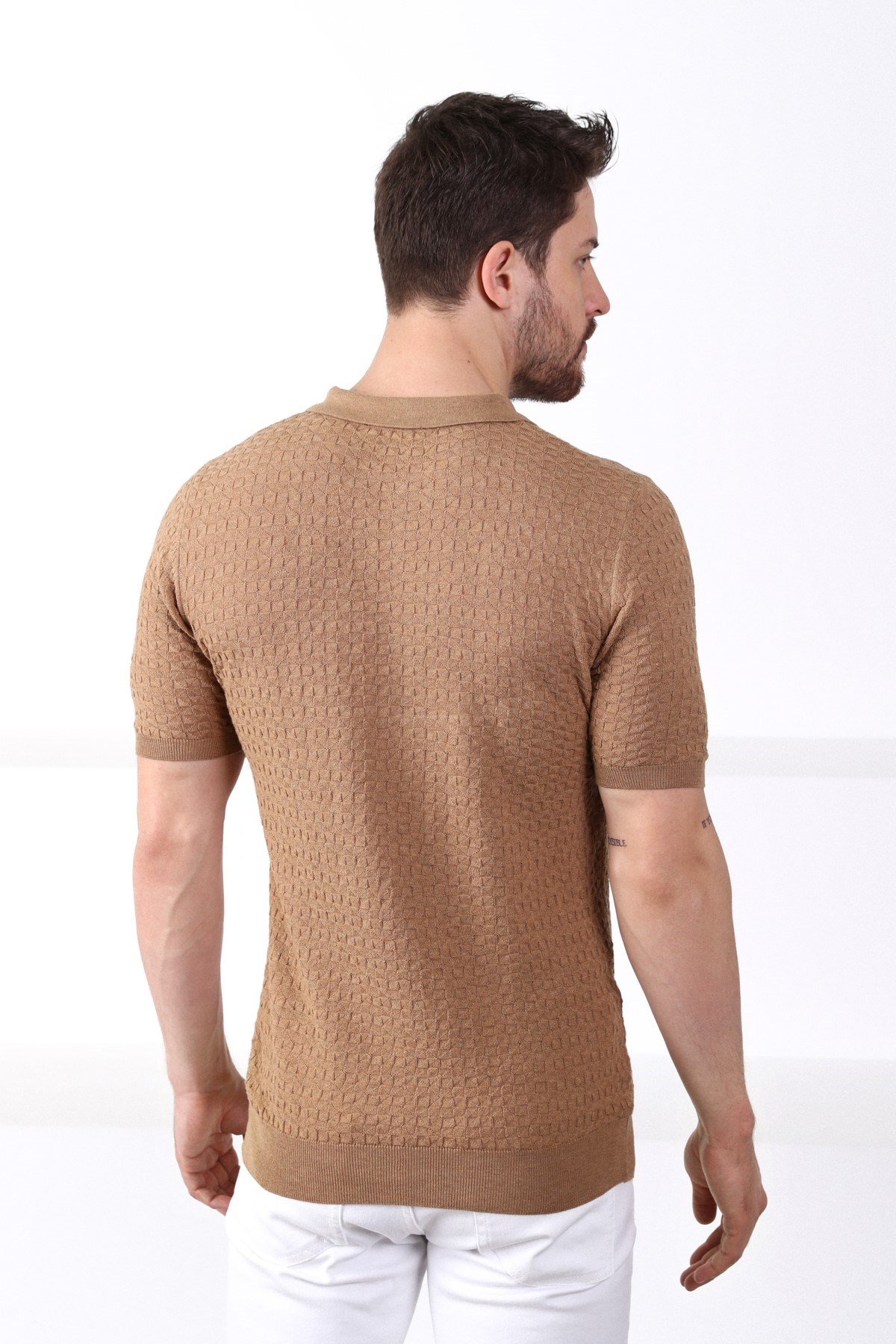 Ferraro Camel Polo Yaka Fermuarlı Erkek Pamuk Triko T-Shirt