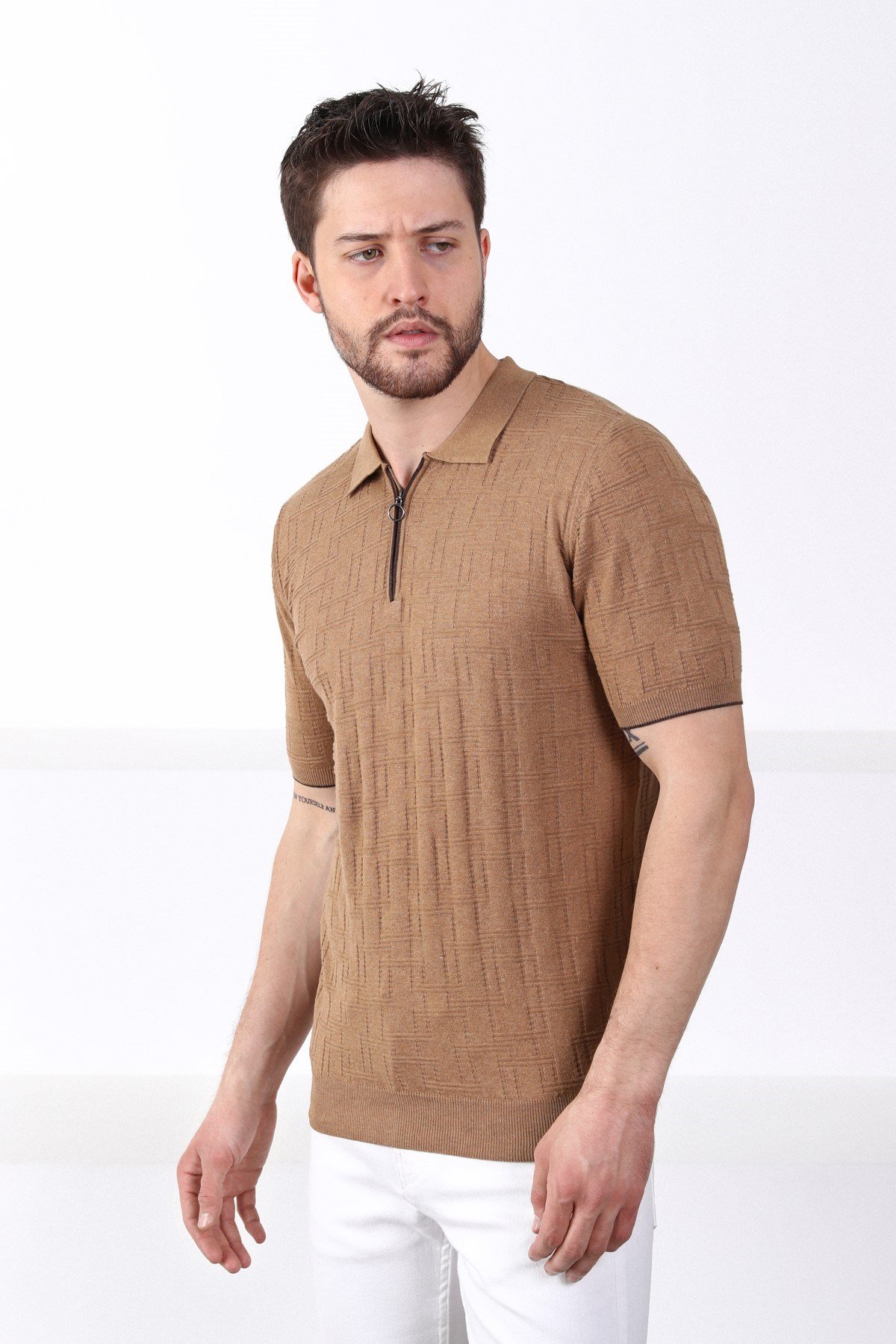 Ferraro Camel Polo Yaka Fermuarlı Erkek Pamuk Triko T-Shirt