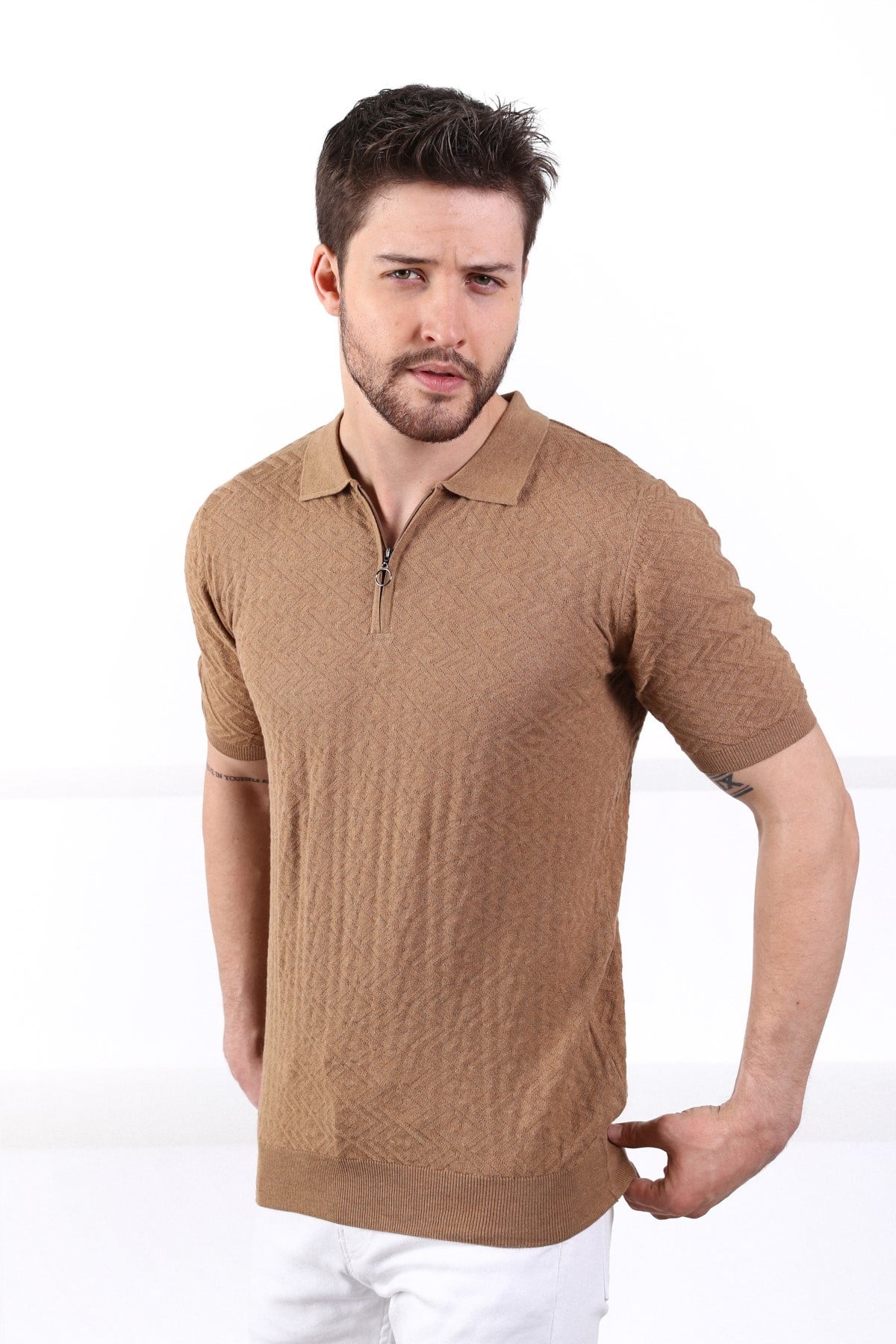 Ferraro Camel Polo Yaka Fermuarlı Erkek Pamuk Triko T-Shirt