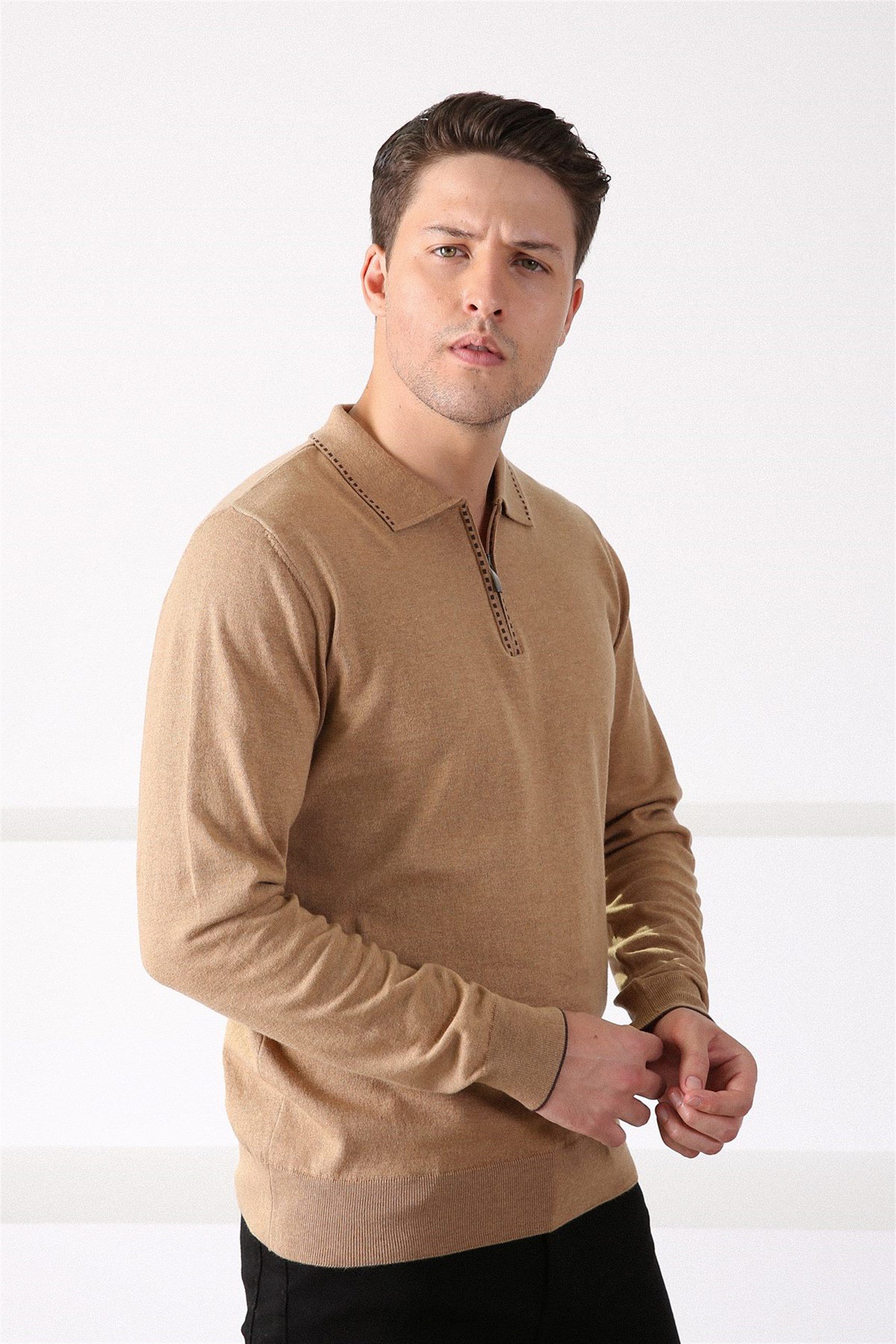 Ferraro Camel Polo Yaka Fermuarlı Erkek Pamuk Kazak