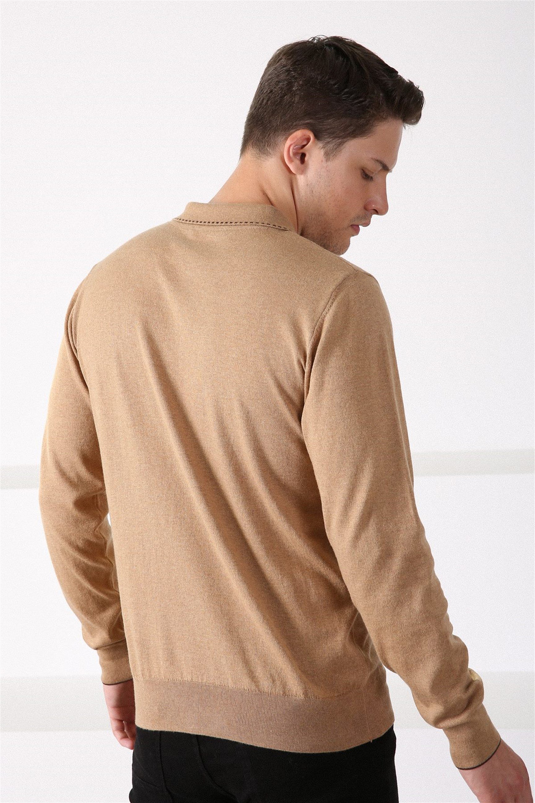 Ferraro Camel Polo Yaka Fermuarlı Erkek Pamuk Kazak