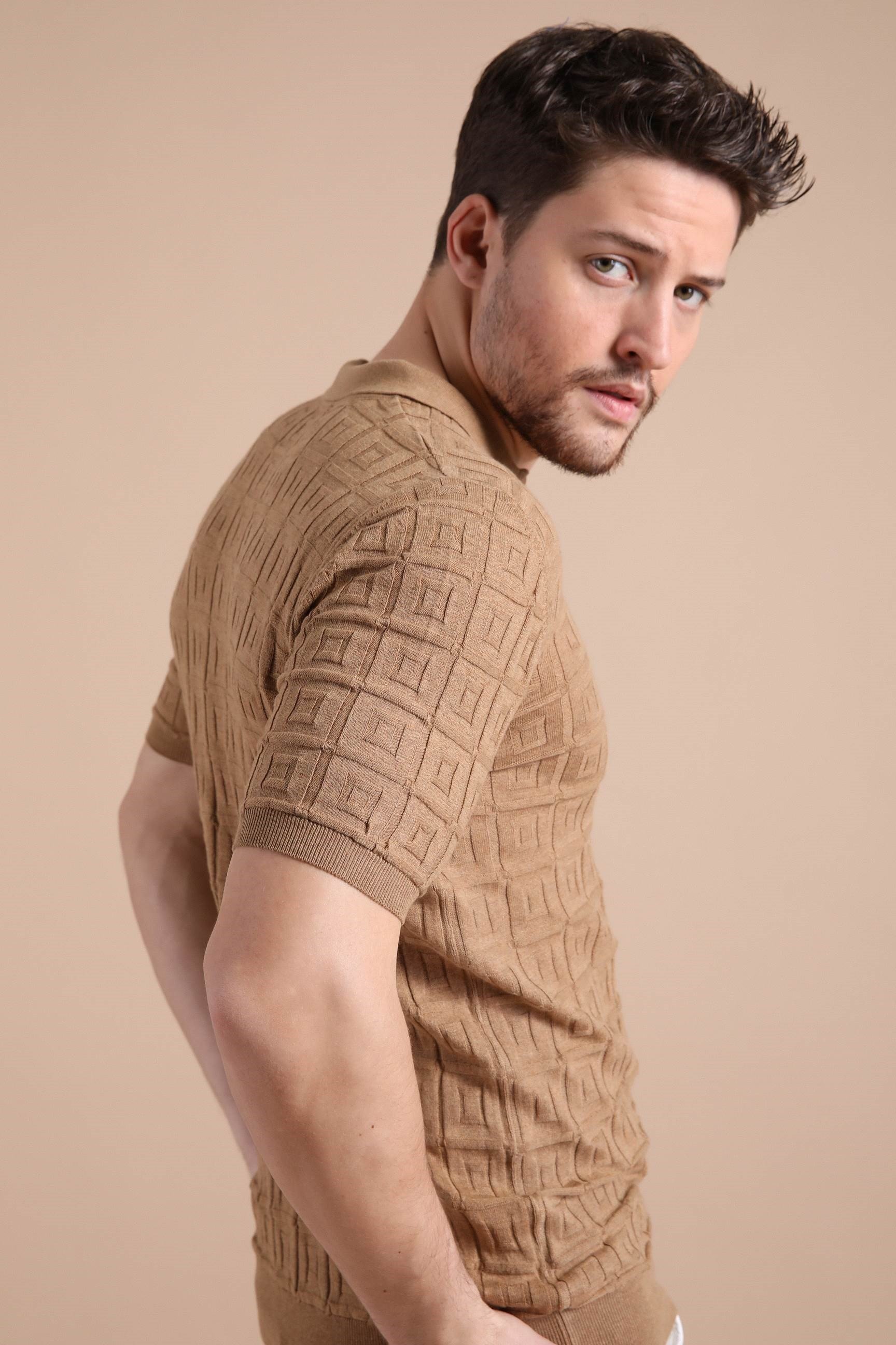 Ferraro Camel Polo Yaka Fermuarlı Erkek Pamuk Triko T-Shirt