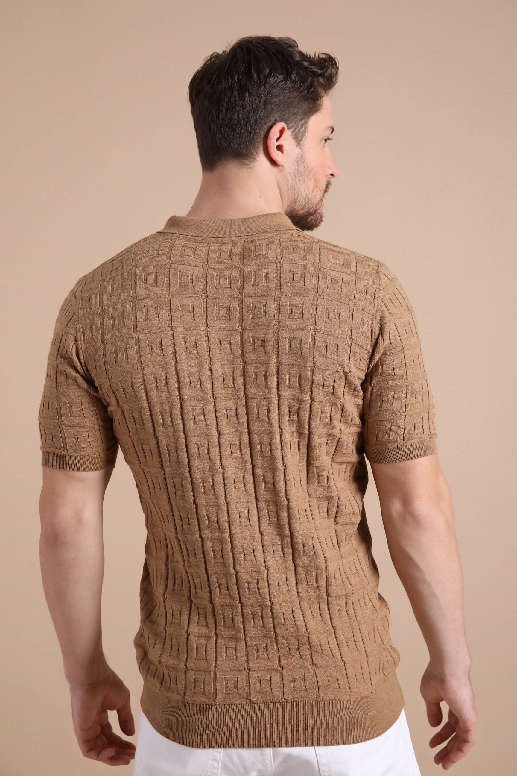 Ferraro Camel Polo Yaka Fermuarlı Erkek Pamuk Triko T-Shirt