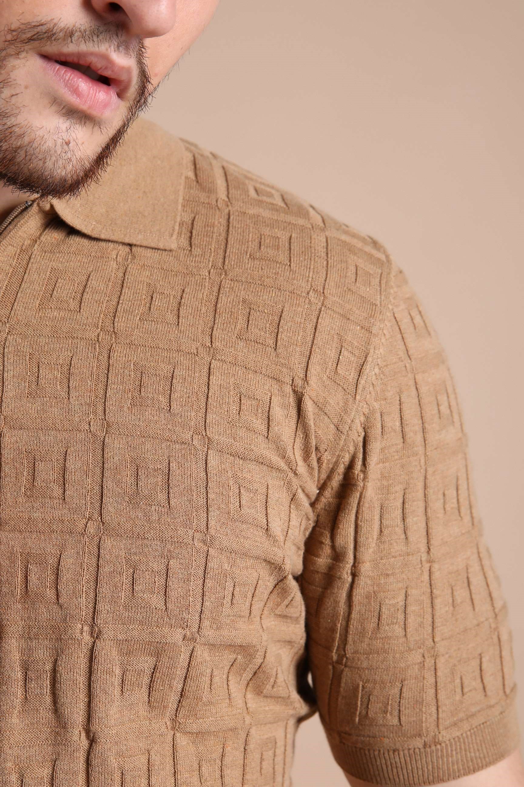 Ferraro Camel Polo Yaka Fermuarlı Erkek Pamuk Triko T-Shirt