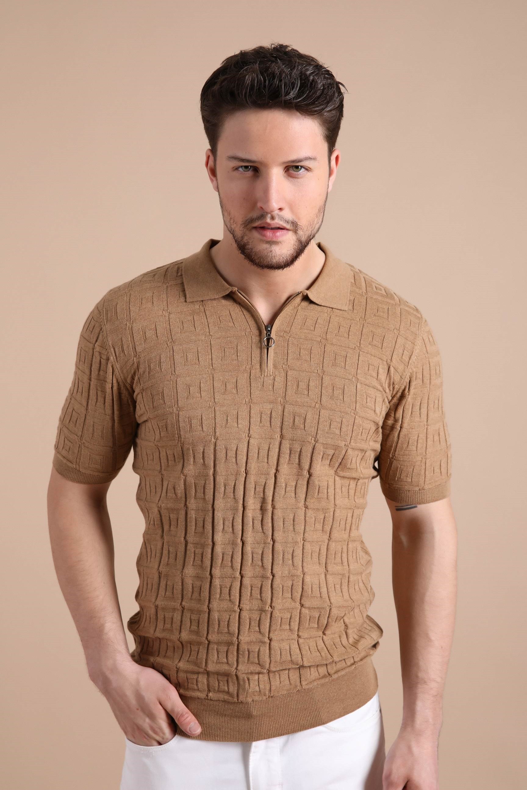 Ferraro Camel Polo Yaka Fermuarlı Erkek Pamuk Triko T-Shirt