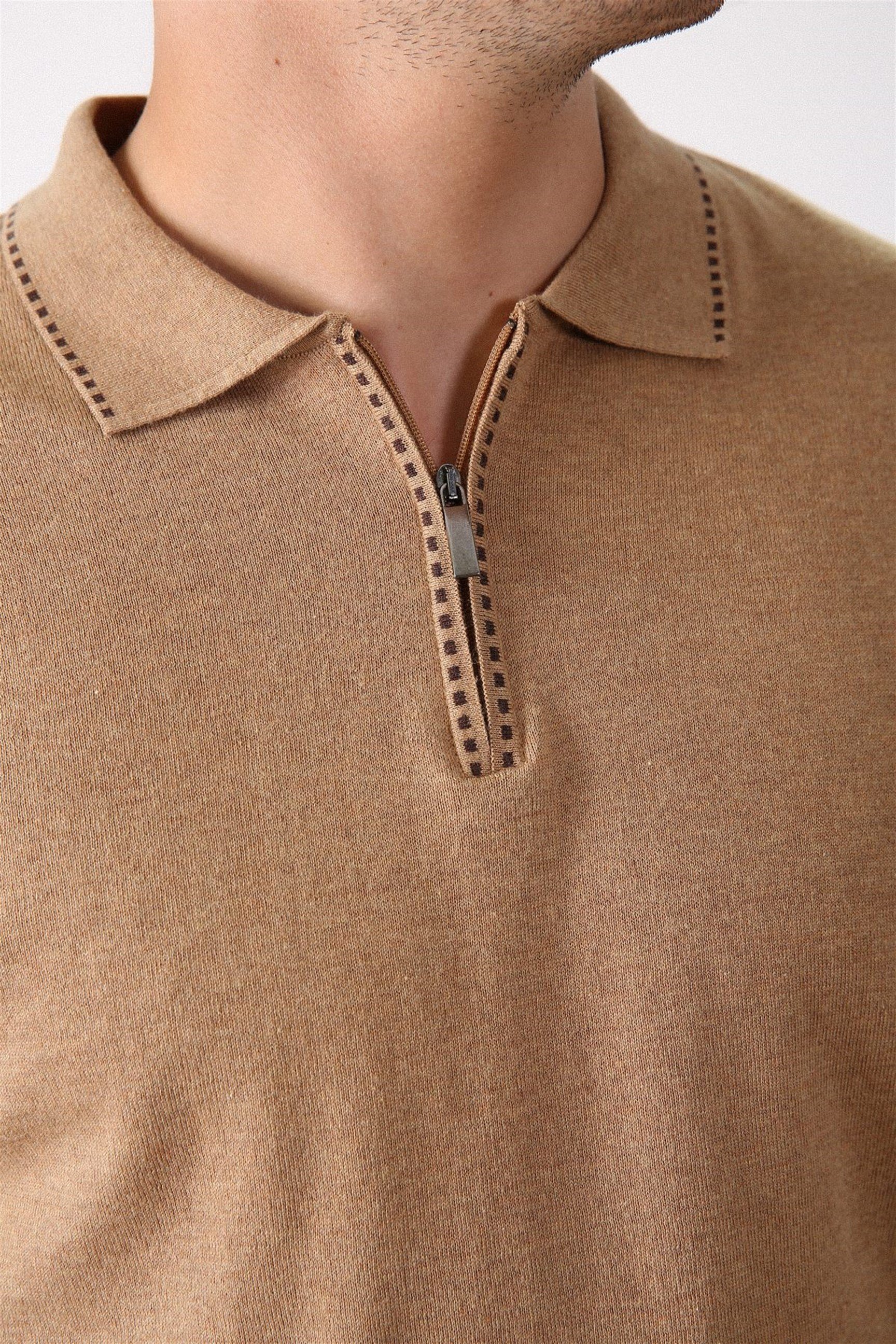 Ferraro Camel Polo Yaka Fermuarlı Erkek Pamuk Kazak