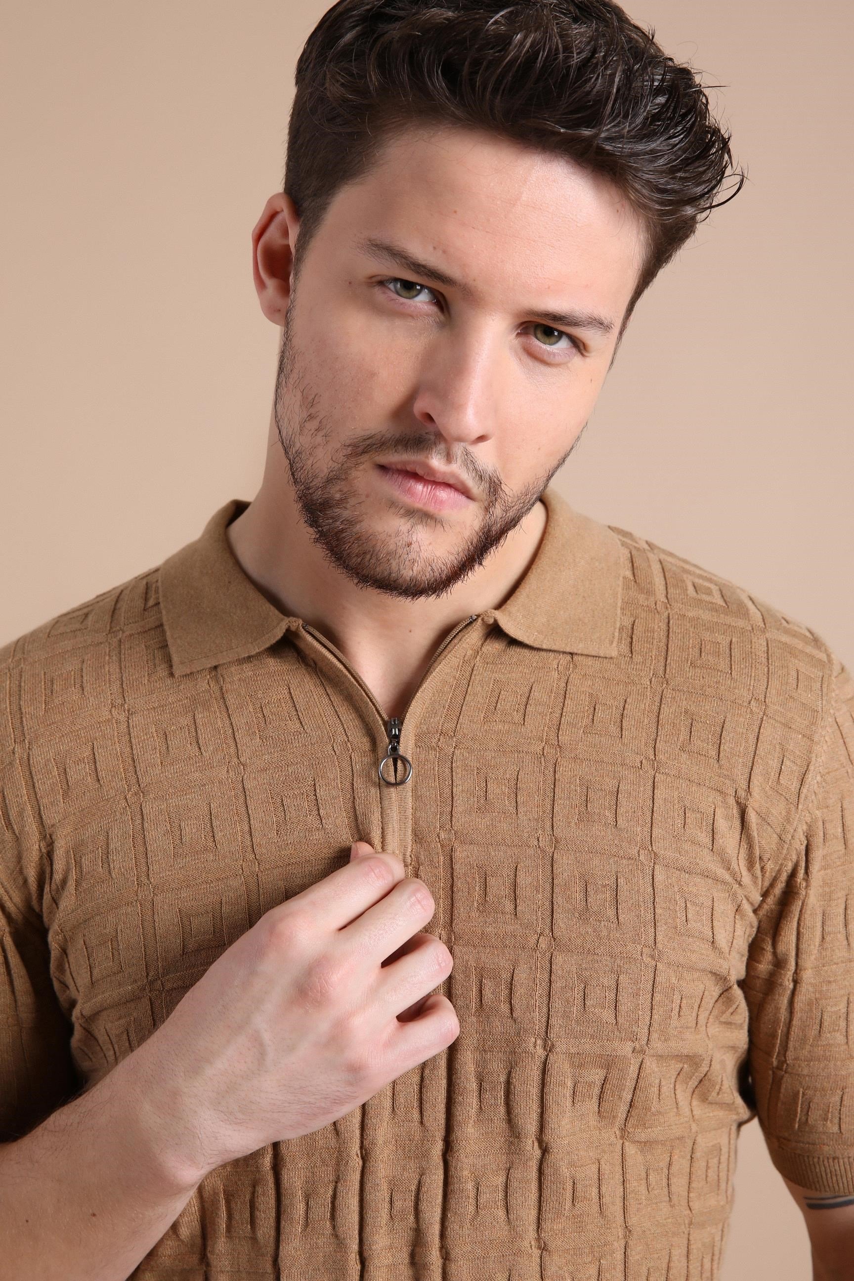 Ferraro Camel Polo Yaka Fermuarlı Erkek Pamuk Triko T-Shirt