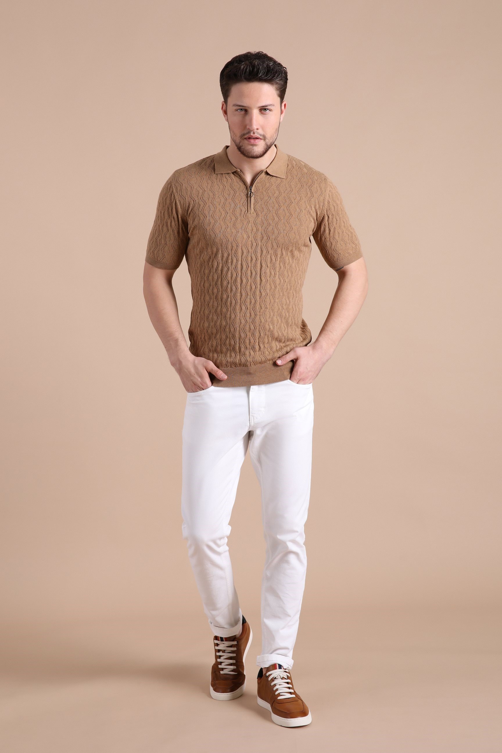 Ferraro Camel Polo Yaka Fermuarlı Erkek Pamuk Triko T-Shirt