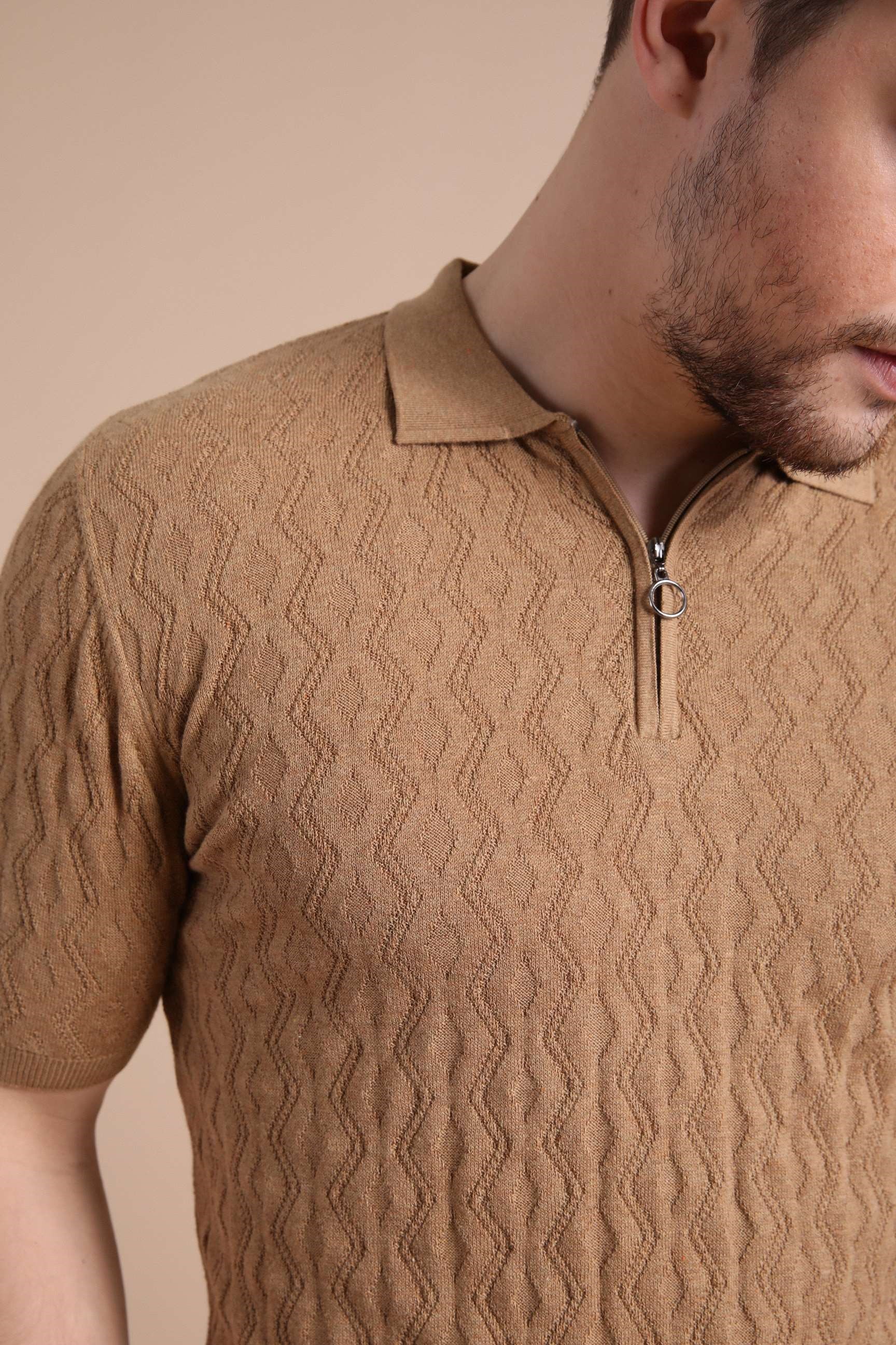 Ferraro Camel Polo Yaka Fermuarlı Erkek Pamuk Triko T-Shirt