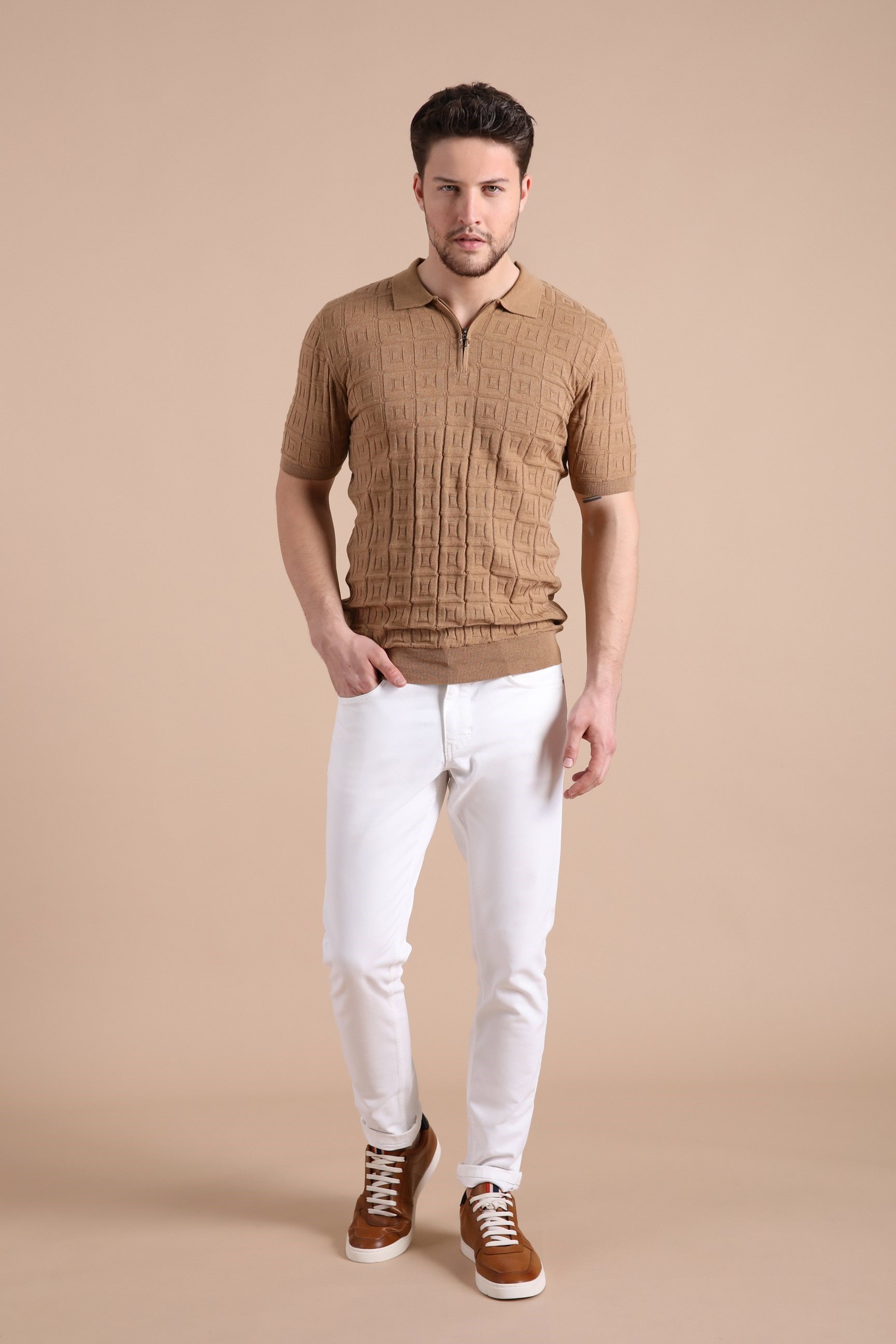 Ferraro Camel Polo Yaka Fermuarlı Erkek Pamuk Triko T-Shirt