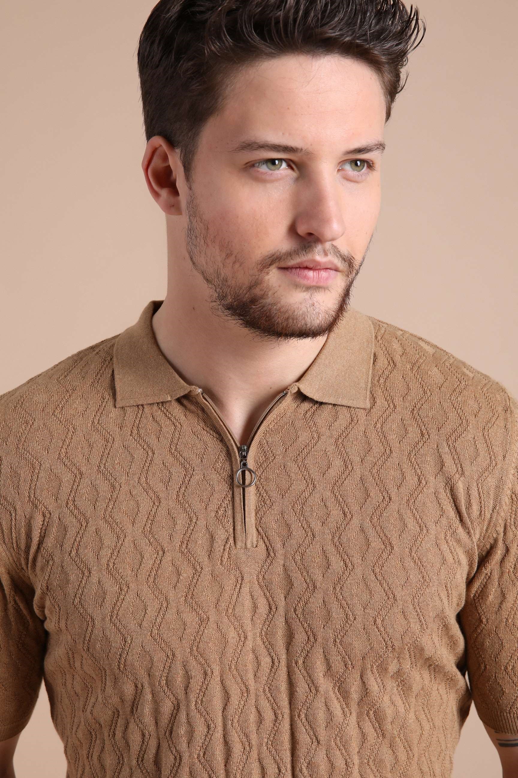 Ferraro Camel Polo Yaka Fermuarlı Erkek Pamuk Triko T-Shirt