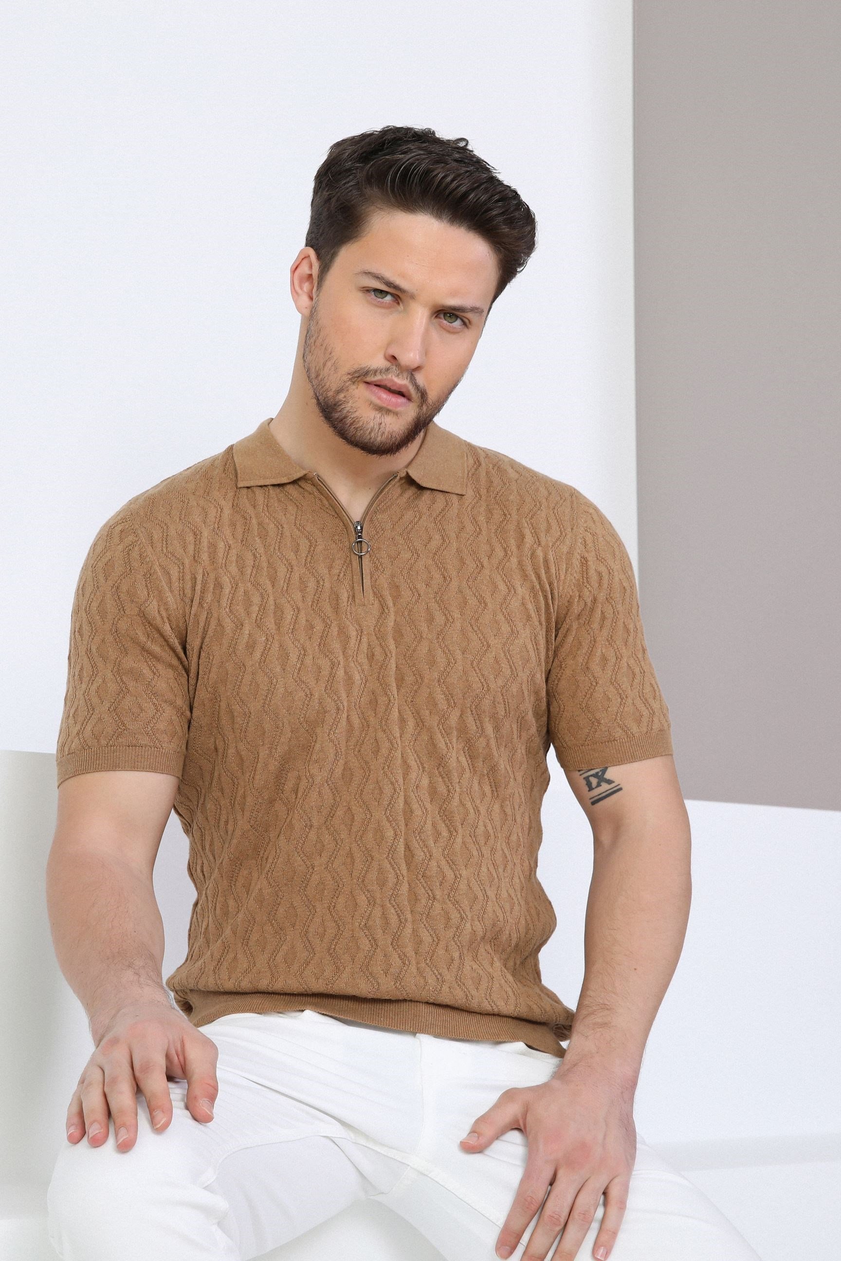 Ferraro Camel Polo Yaka Fermuarlı Erkek Pamuk Triko T-Shirt