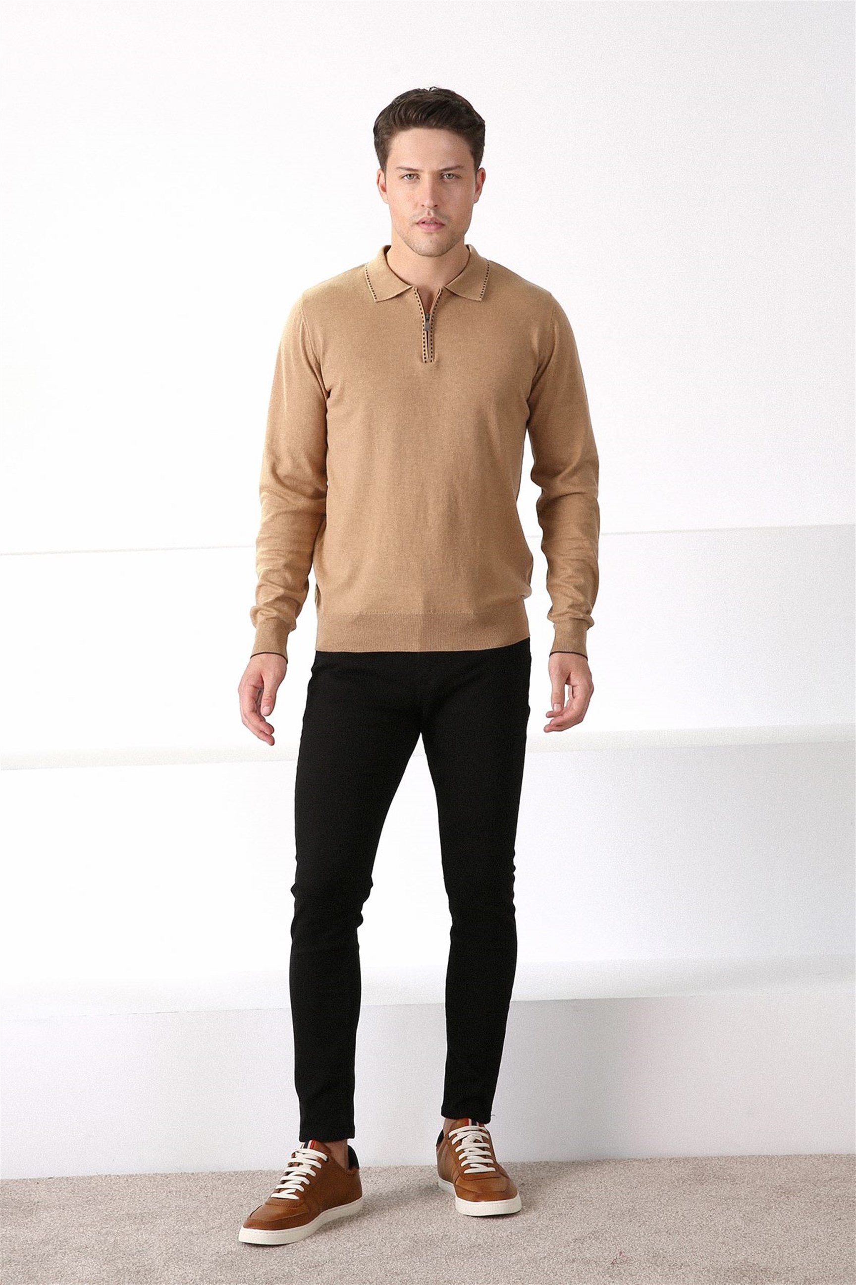 Ferraro Camel Polo Yaka Fermuarlı Erkek Pamuk Kazak