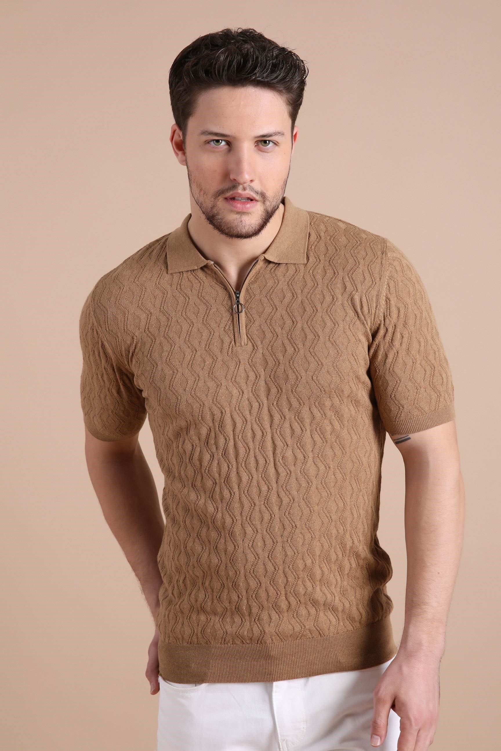 Ferraro Camel Polo Yaka Fermuarlı Erkek Pamuk Triko T-Shirt