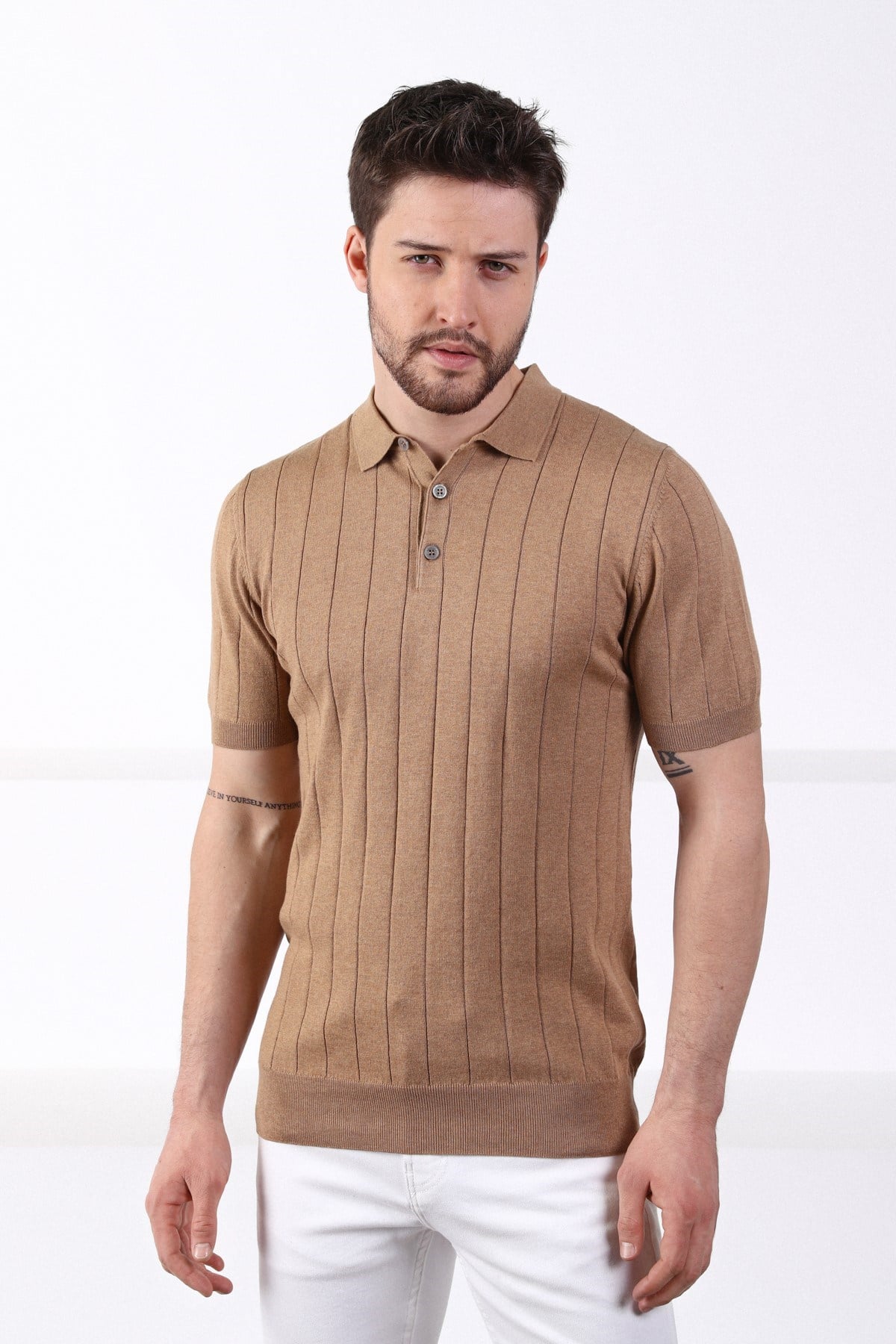 Ferraro Camel Polo Yaka Fitilli Erkek Pamuk Triko T-Shirt